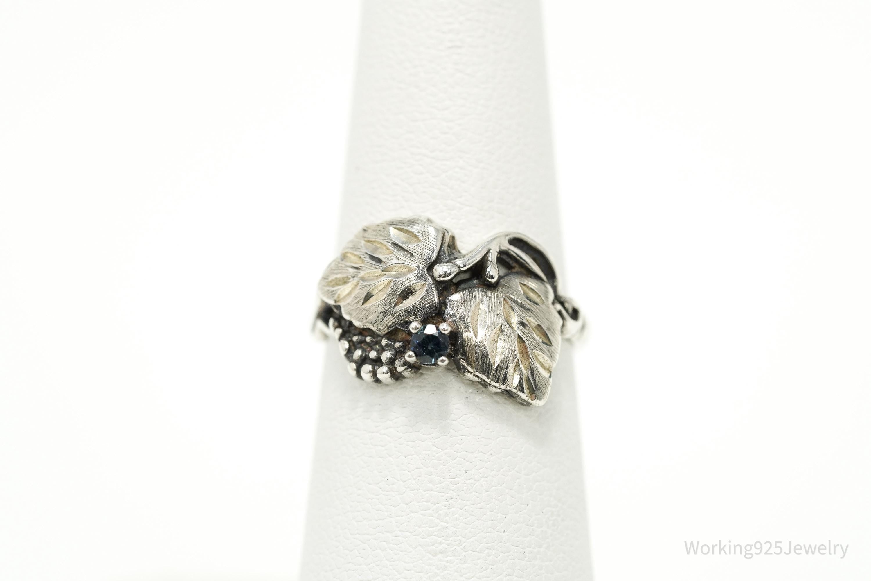 Vintage Sapphire Grape Leaf Sterling Silver Ring - Size 6