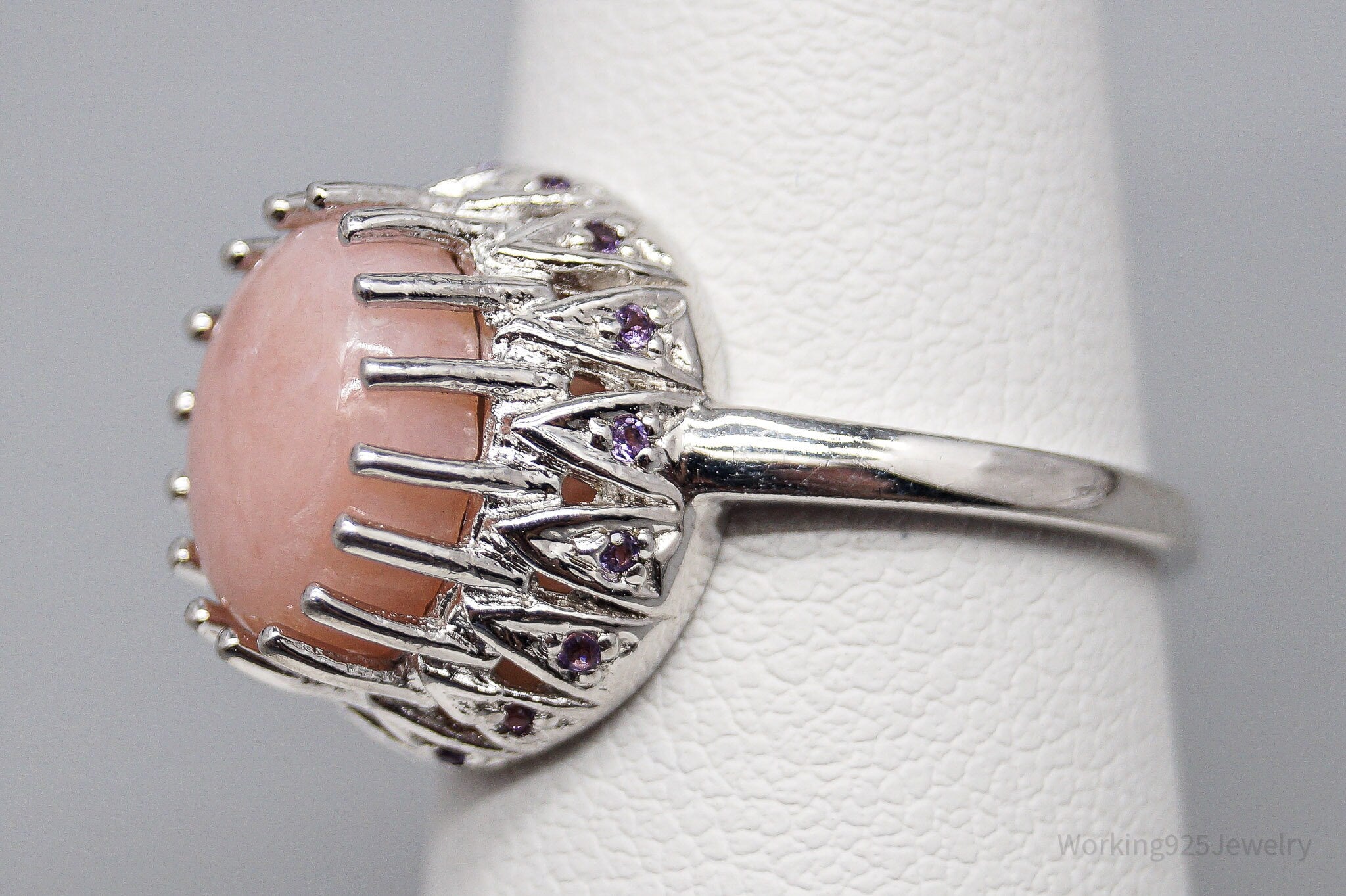 Vintage Pink Opal & Amethyst Sterling Silver Ring - Size 7