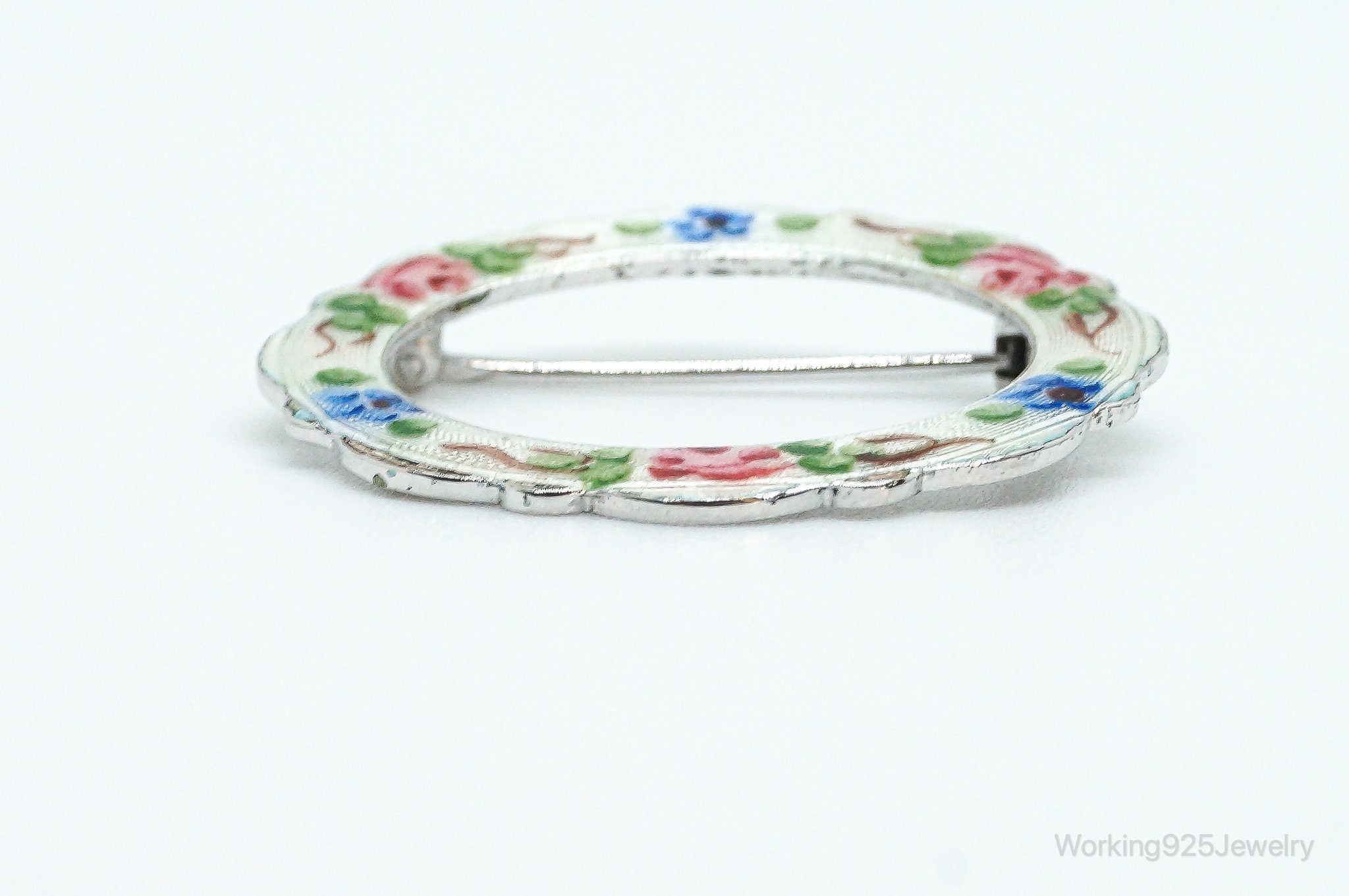 Vintage French LaMode Enamel Flowers Sterling Silver Brooch Pin