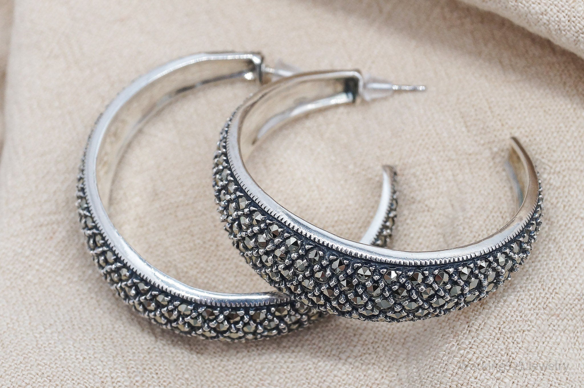 Vintage Designer Judith Jack Marcasite Sterling Silver Hoop Earrings