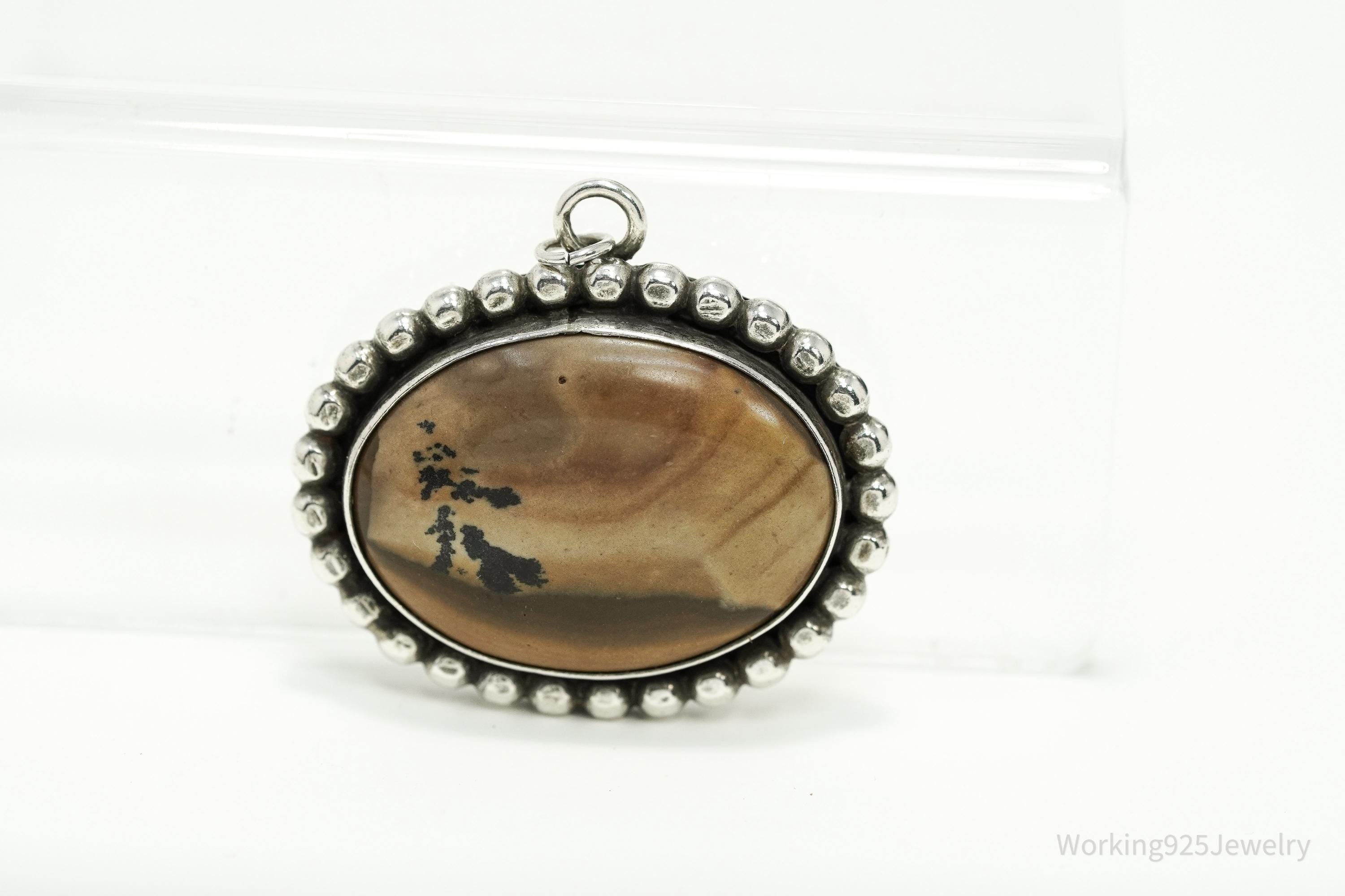 Vintage 1970s Picture Jasper Silver Necklace Pendant 1 3/8"