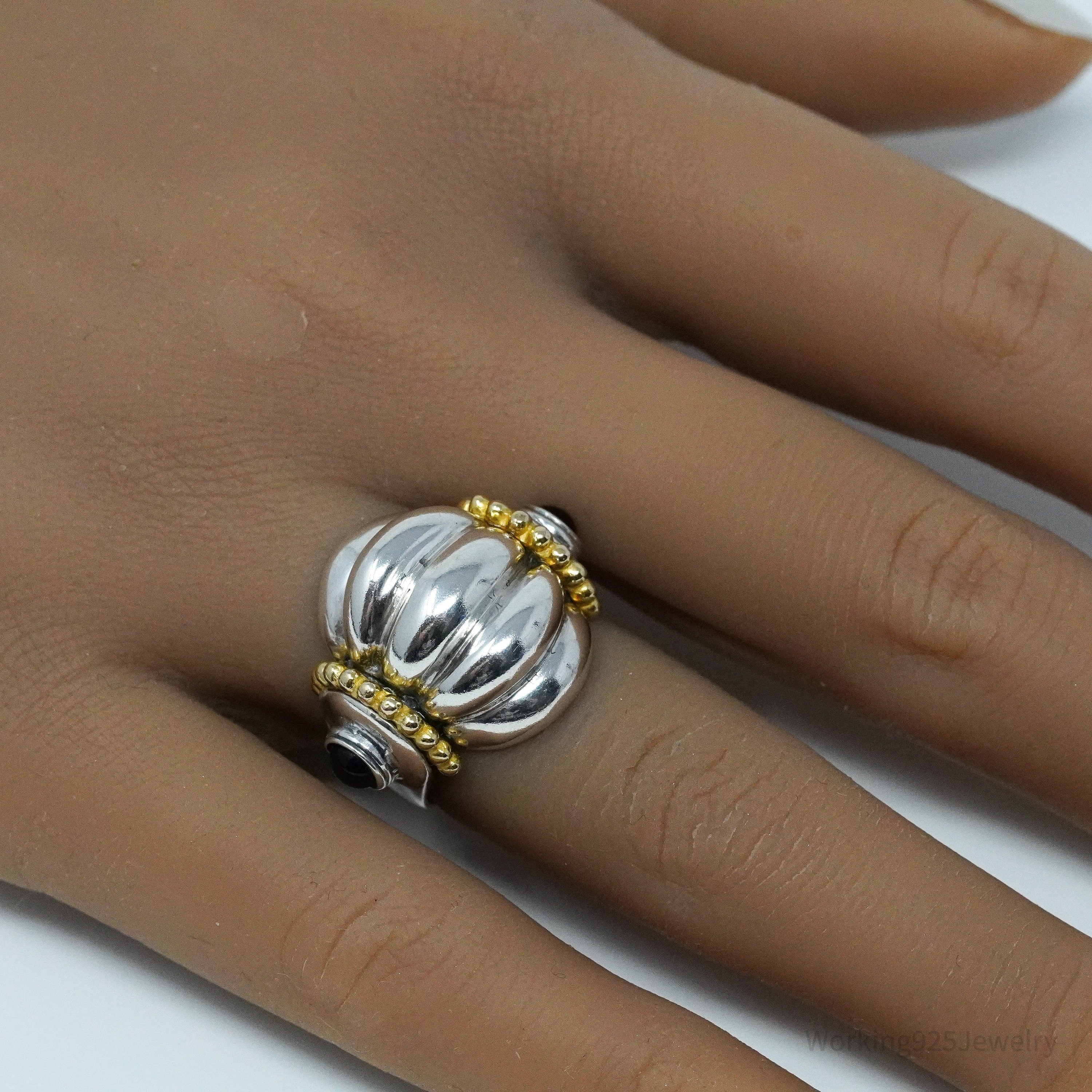 Vintage Italian Black Onyx Gold Vermeil Sterling Silver Ring - Size 6.5