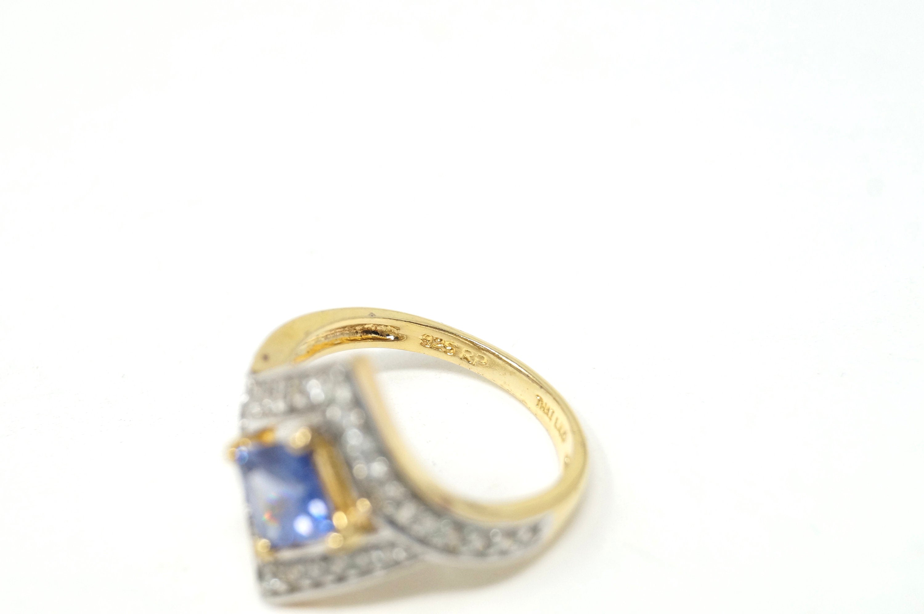 Vintage RP Blue Crystal Gold Wash Statement Sterling Silver Ring - Size 7