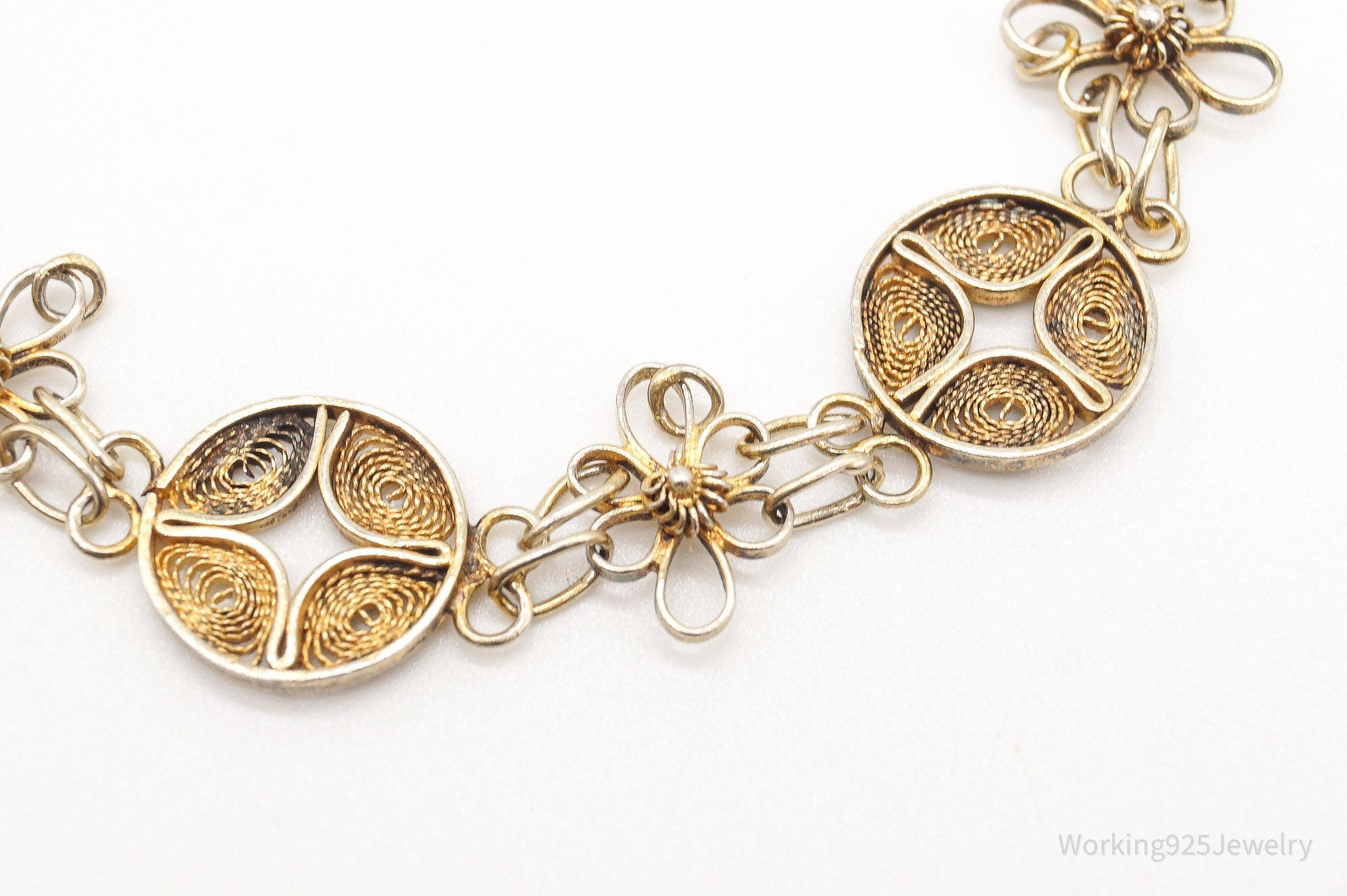 Vintage Ornate Filigree Gold Wash Silver Bracelet