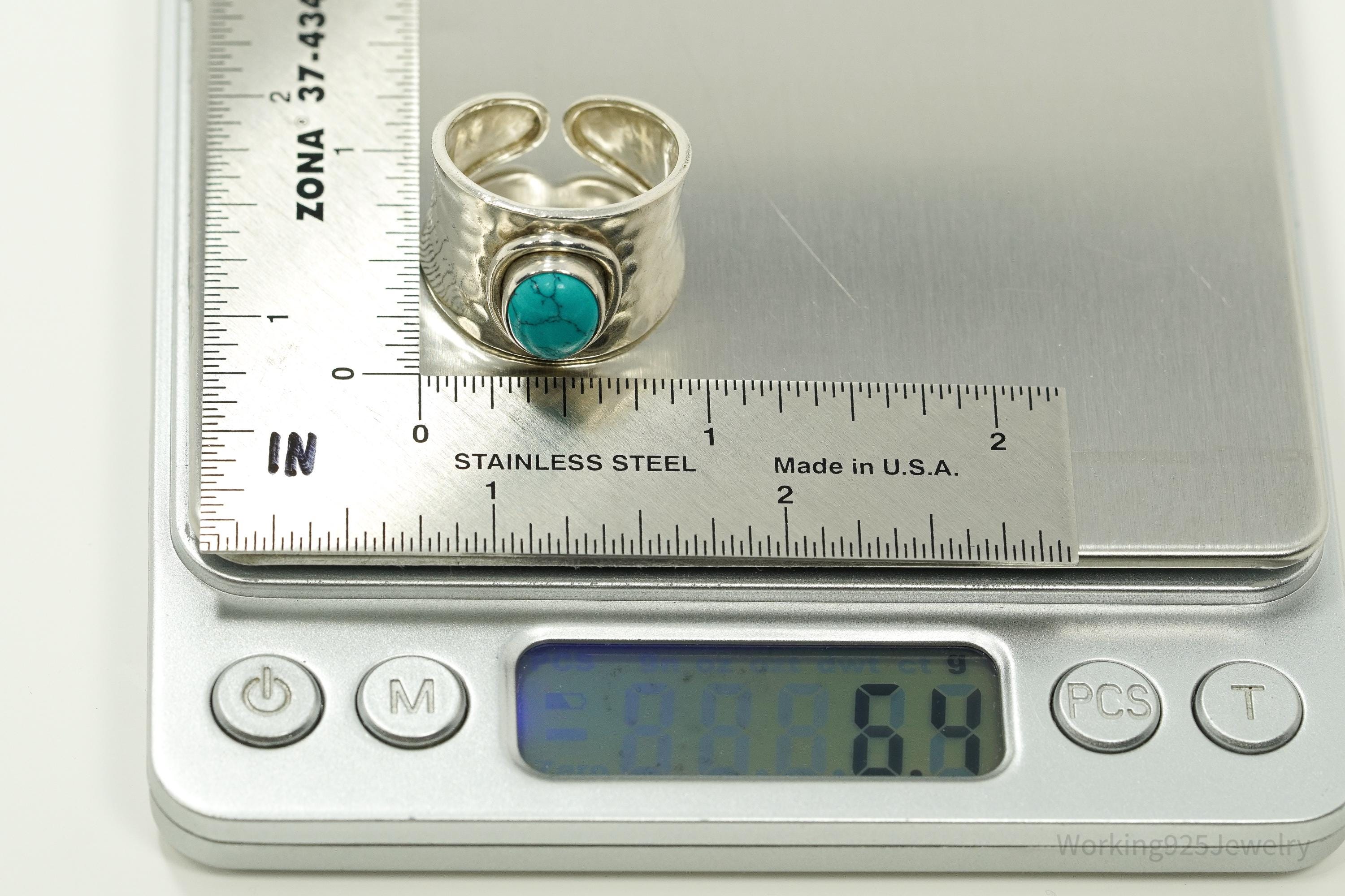 Vintage Turquoise Hammered Style Silver Ring - Size 12