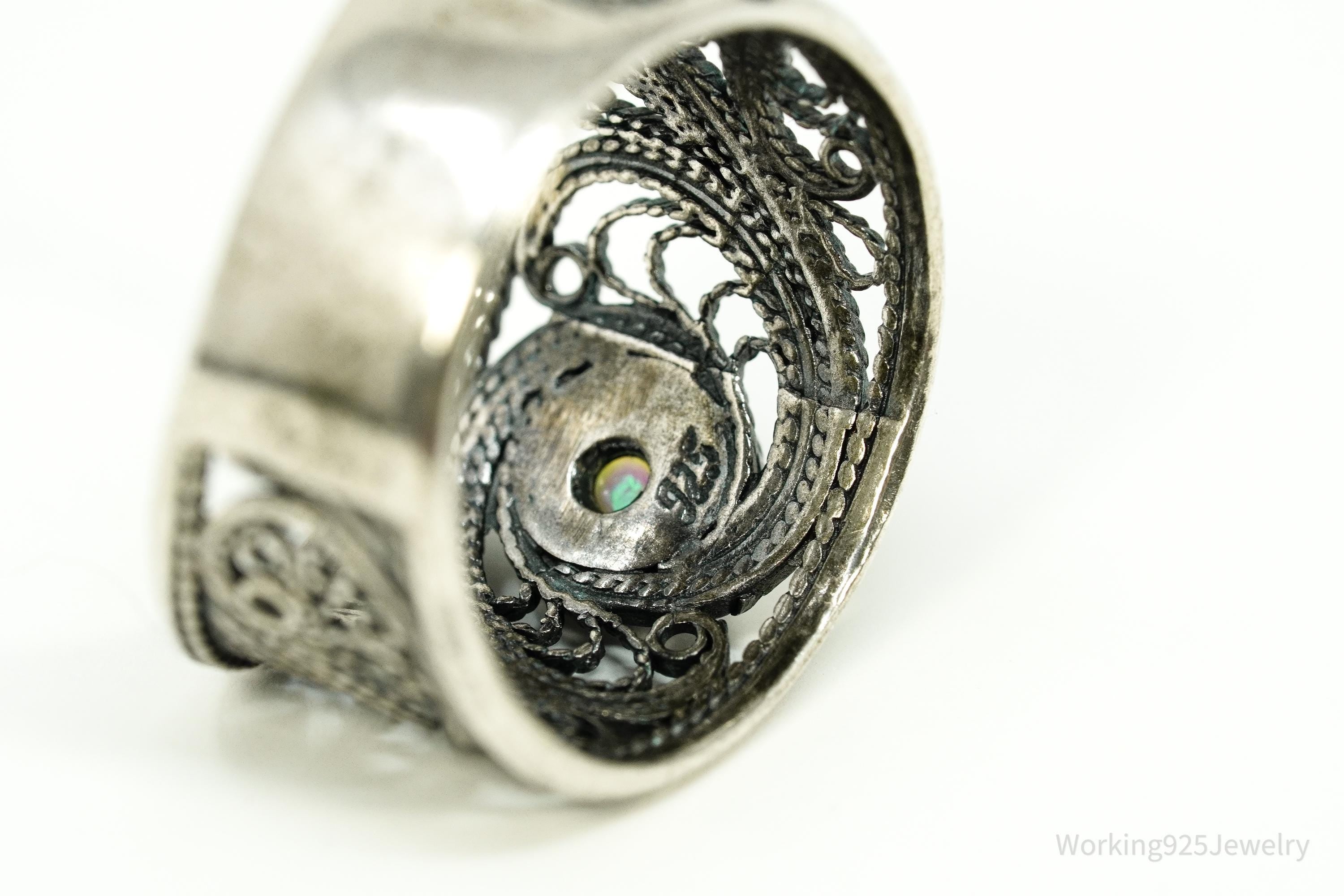 Vintage Opal Sterling Silver Filigree Ring - Size 8.25