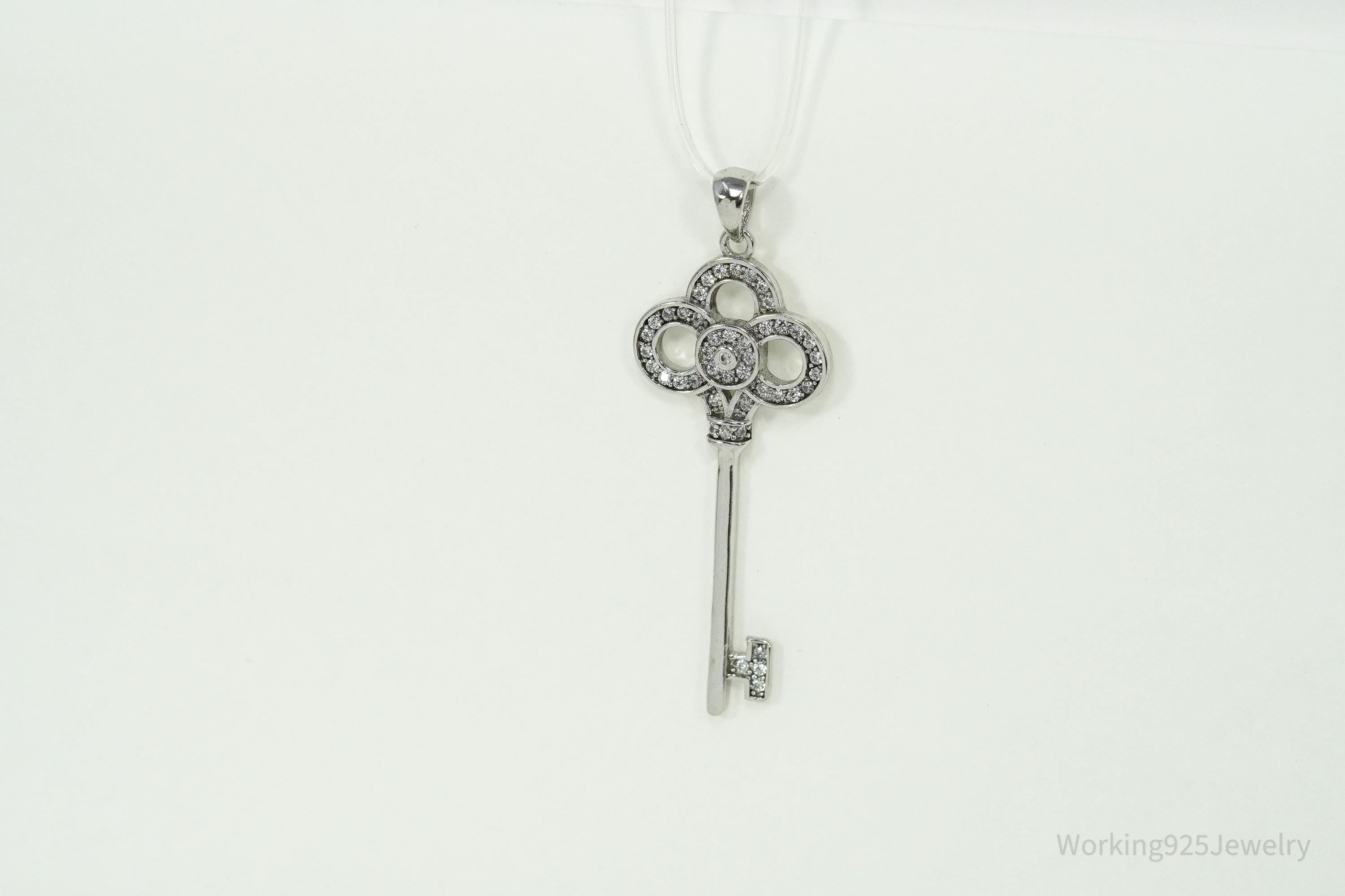 Vintage Cubic Zirconia Sterling Silver Key Pendant 1 11/16"