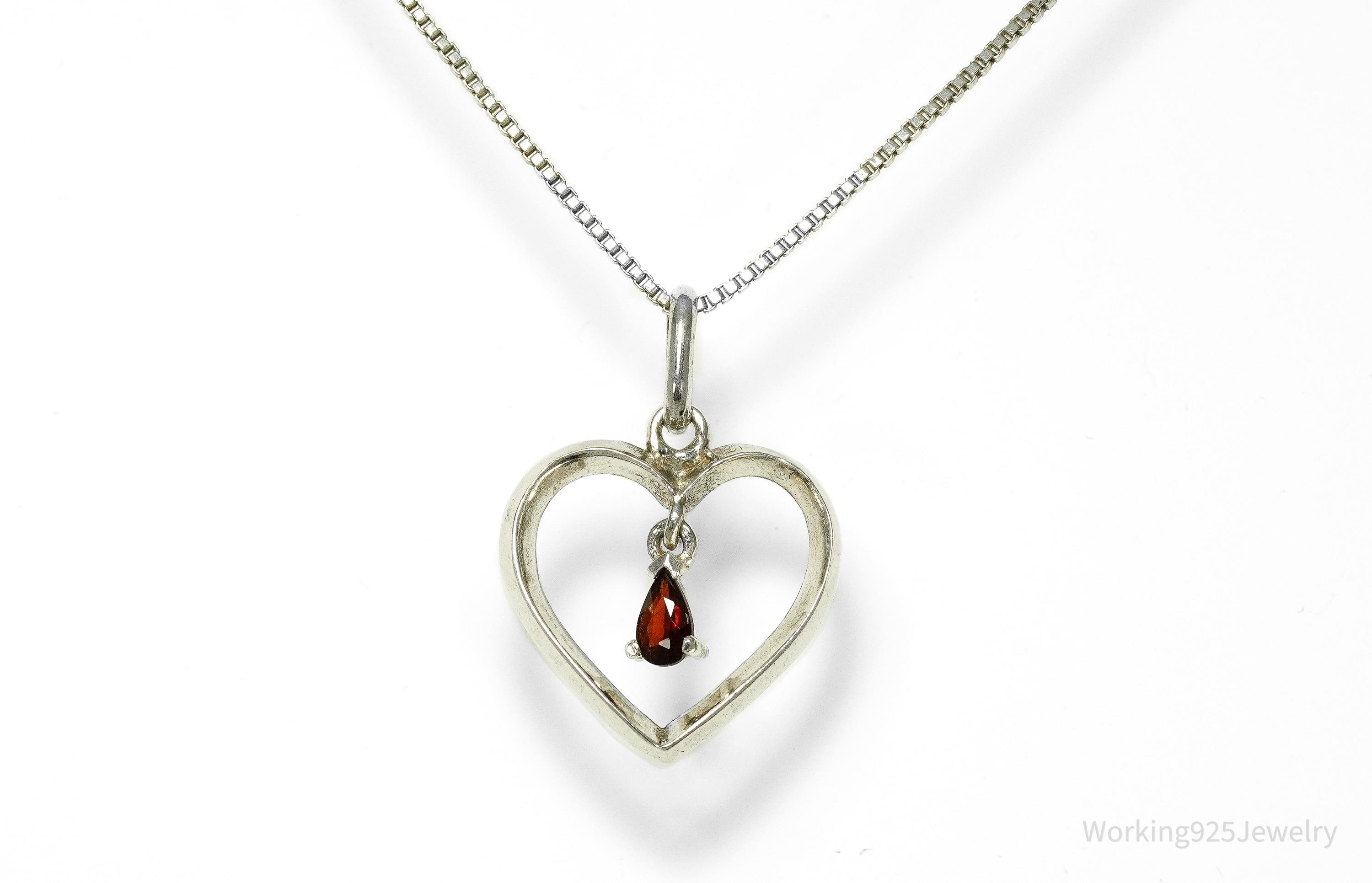 Vintage Garnet Sterling Silver Heart Chain Necklace 18"