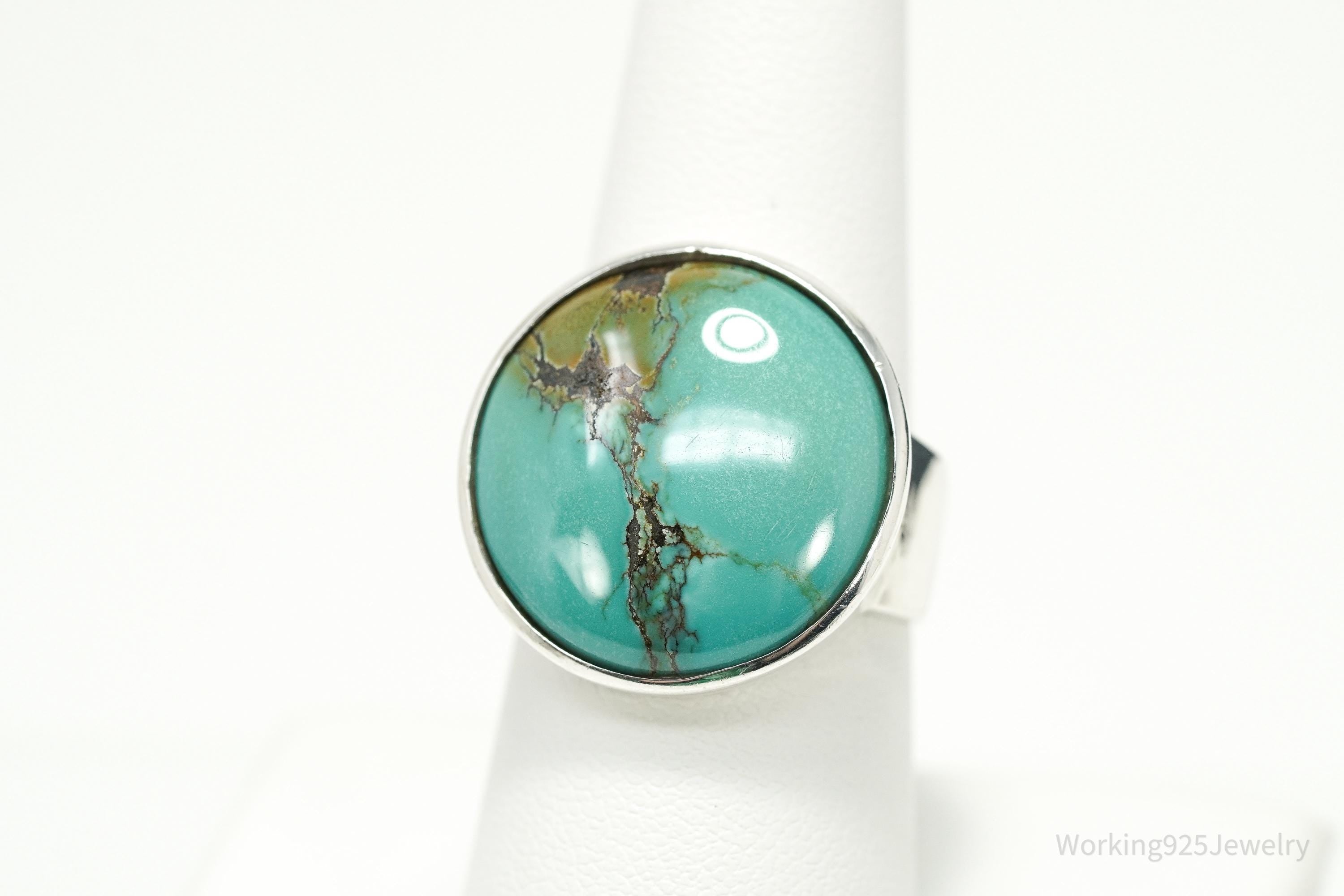 Vintage Large Round Turquoise Sterling Silver Statement Ring Size 8
