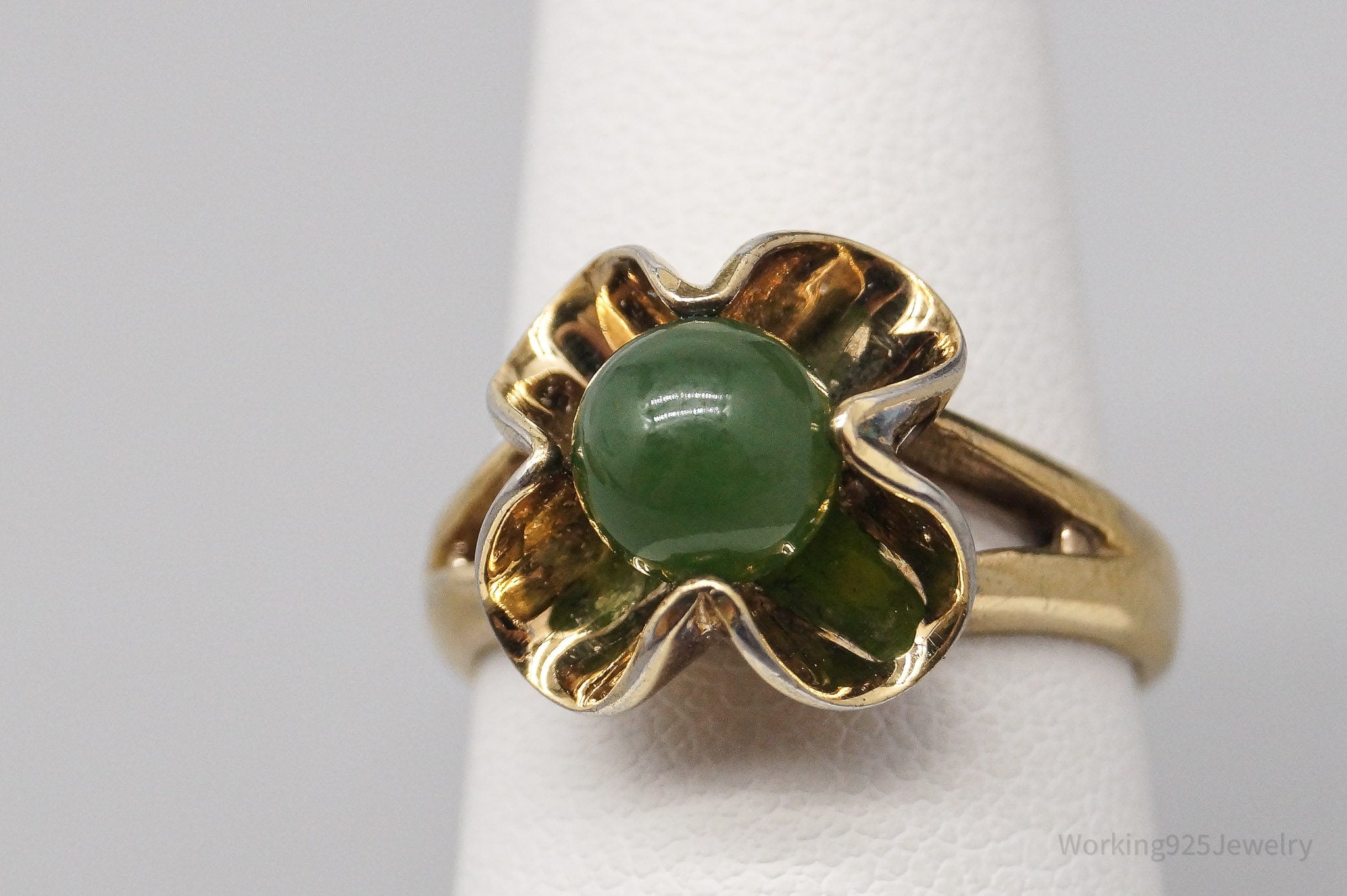 Vintage MCM Nephrite Jade Gold Vermeil Sterling Silver Ring - Size 6.5