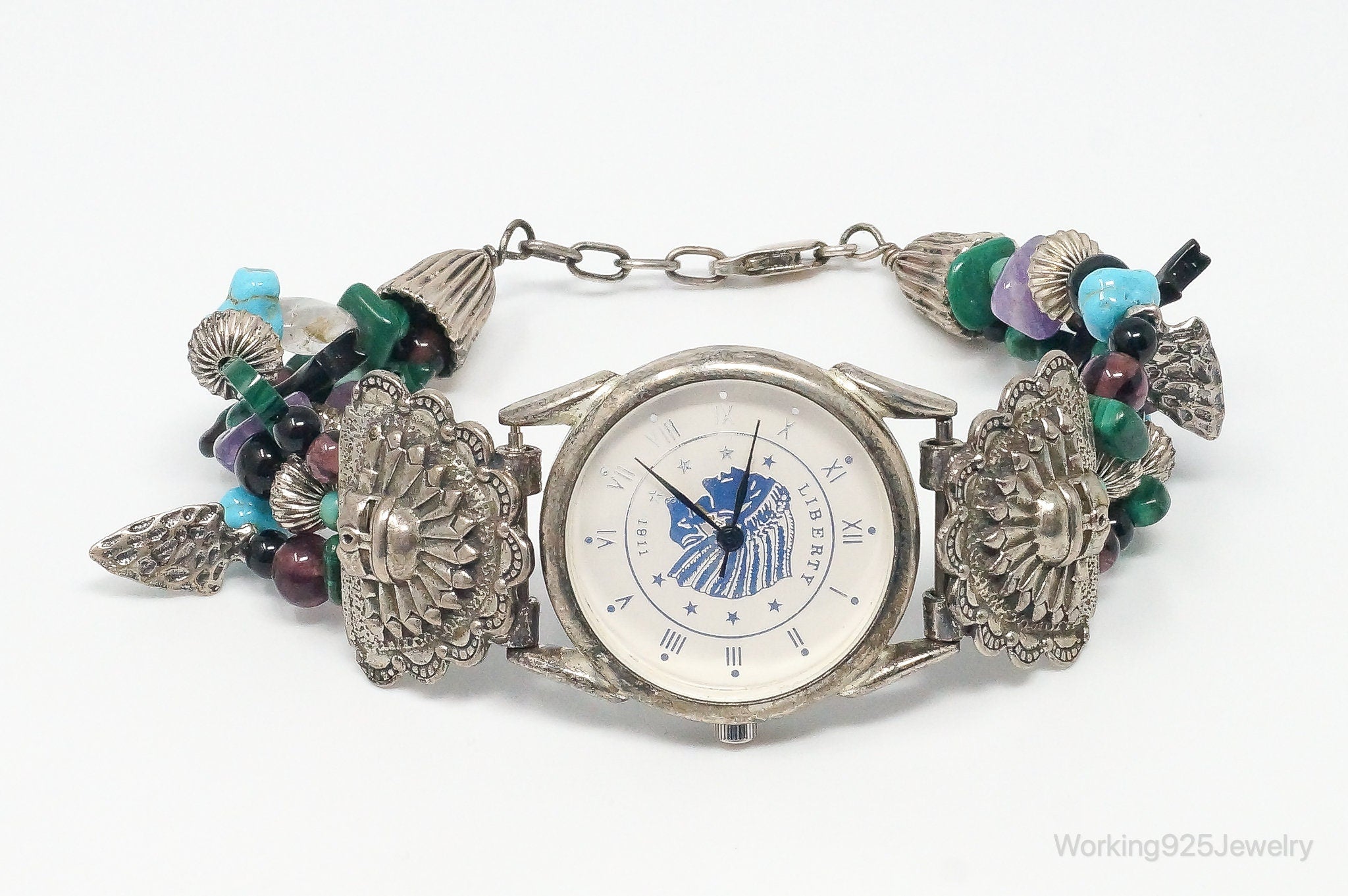 Vintage Native Style Multi Gem Liberty 1911 Behrouz Inc Sterling Silver Watch