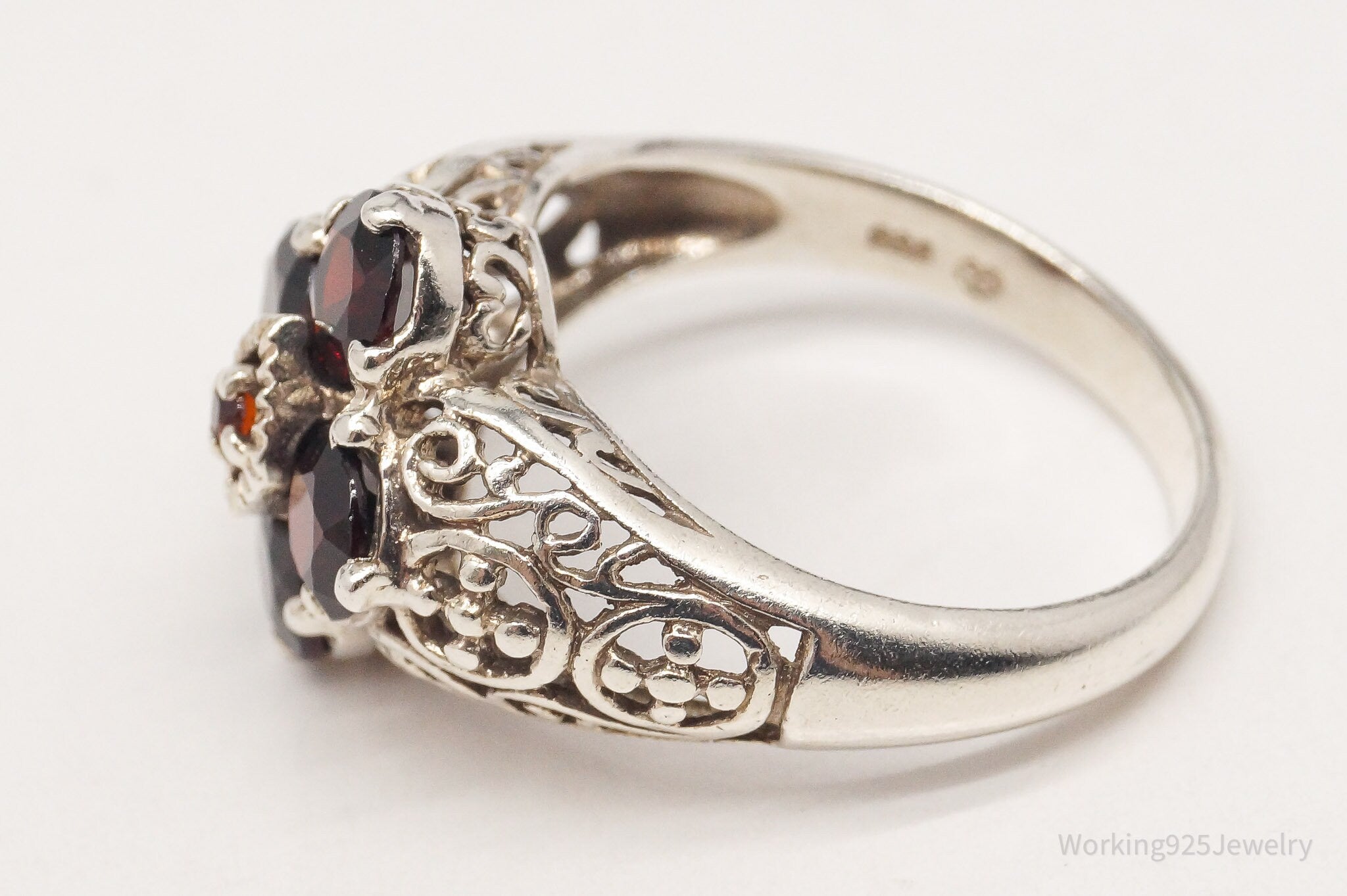 Vintage Garnet Filigree Sterling Silver Ring - Size 8.75