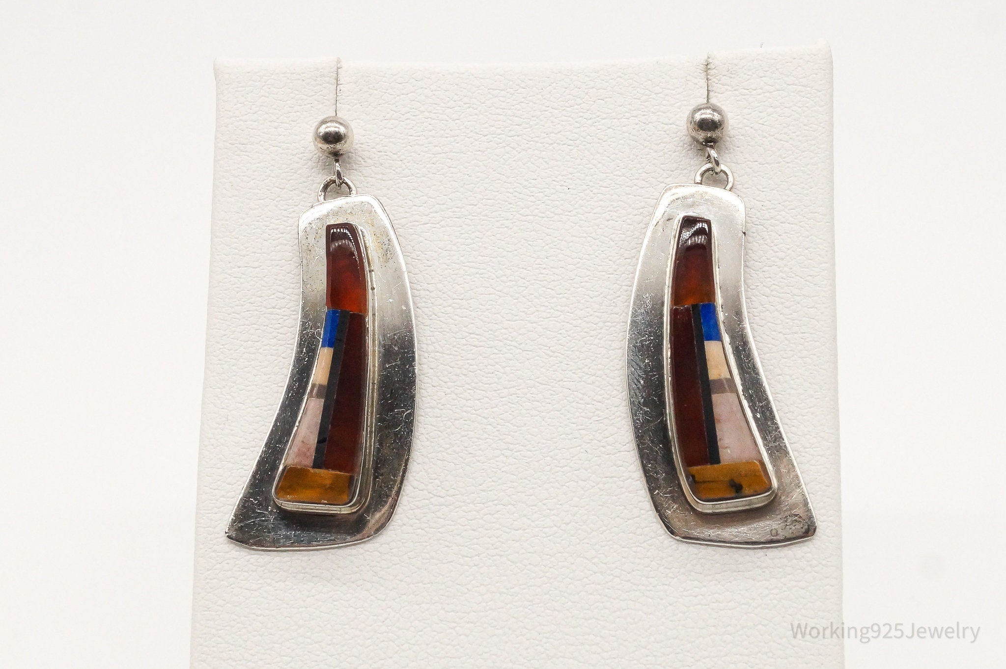 Vintage Native American Multi Gem Inlay Silver Earrings