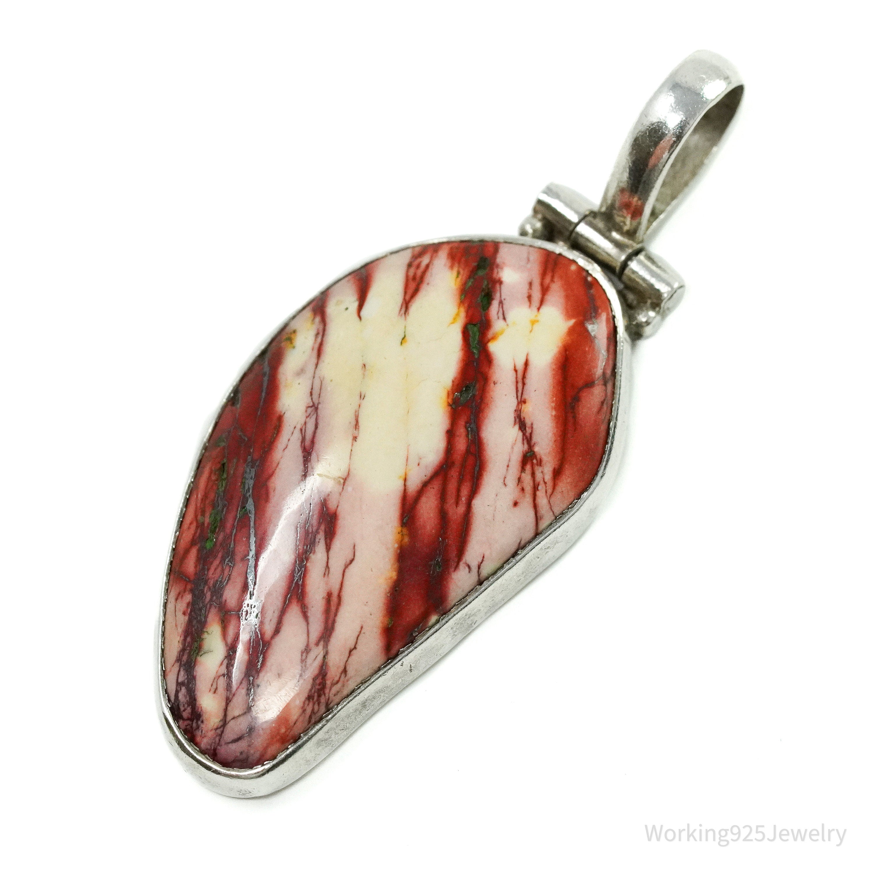 Vintage Large Red Snakeskin Jasper Sterling Silver Necklace Pendant