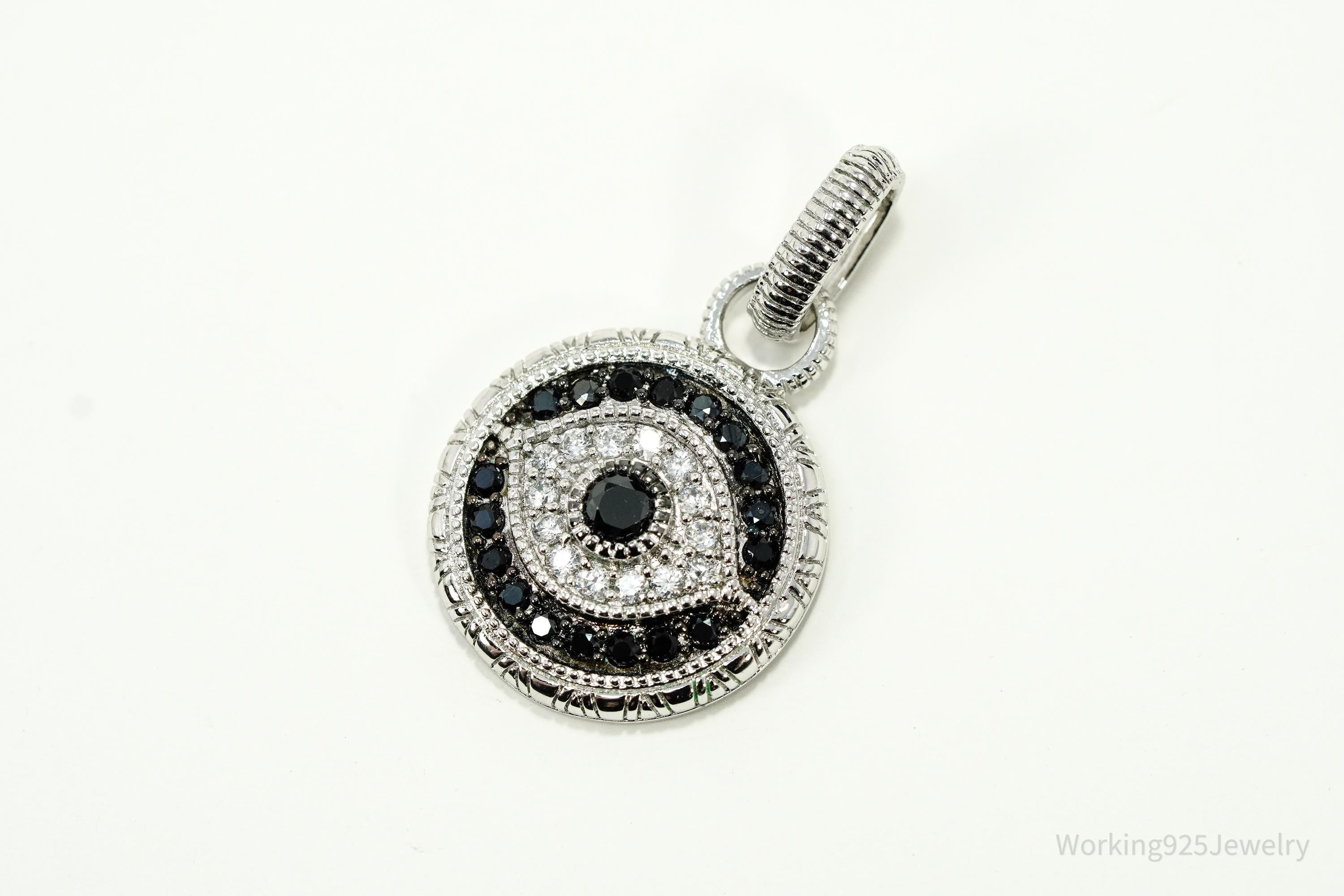 Vintage Pave Black Spinel & Cubic Zirconia Evil Eye Sterling Silver Charm Pendant