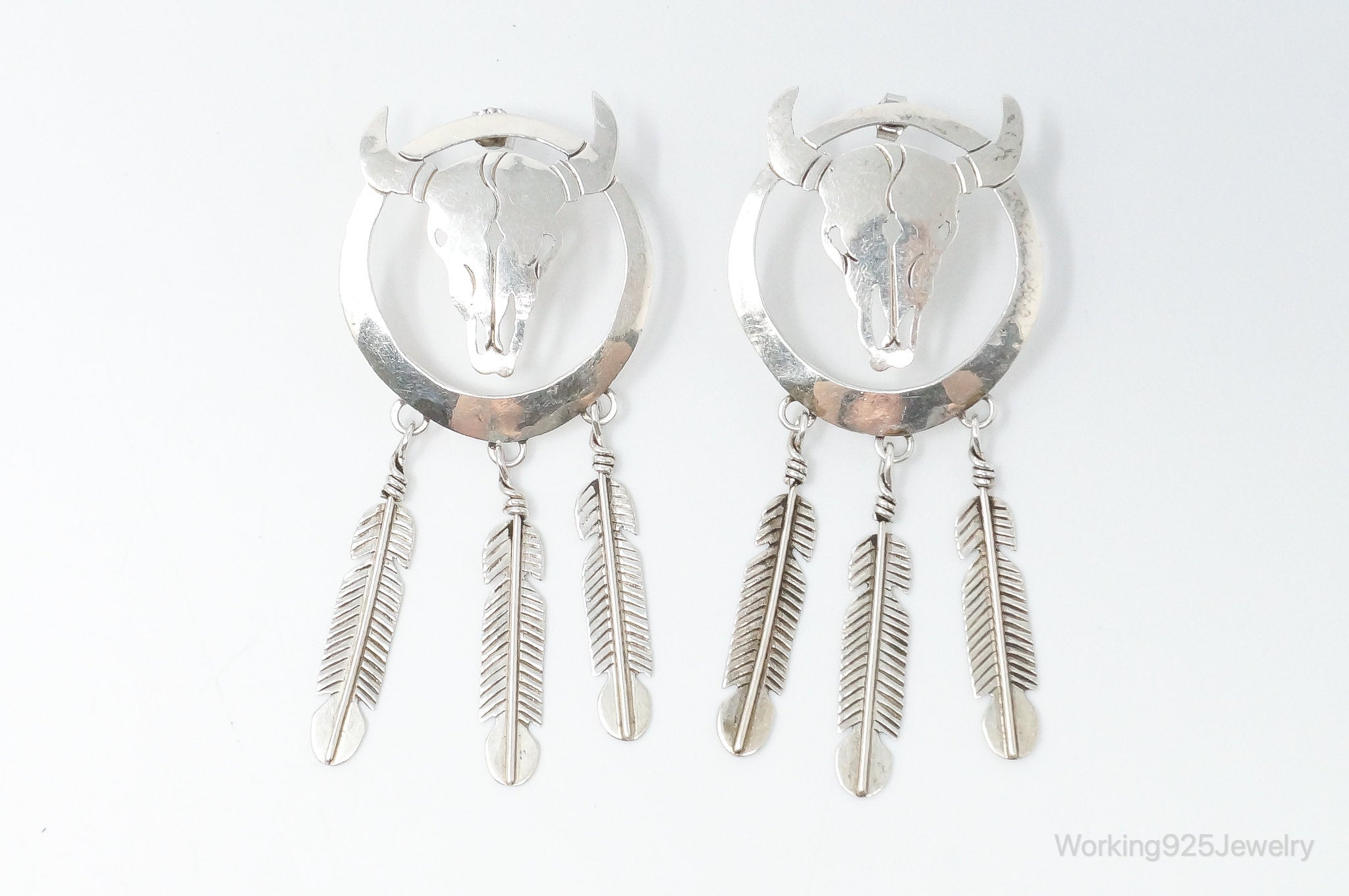 Vintage Native American WS Skull Dream Catcher Sterling Silver Earrings