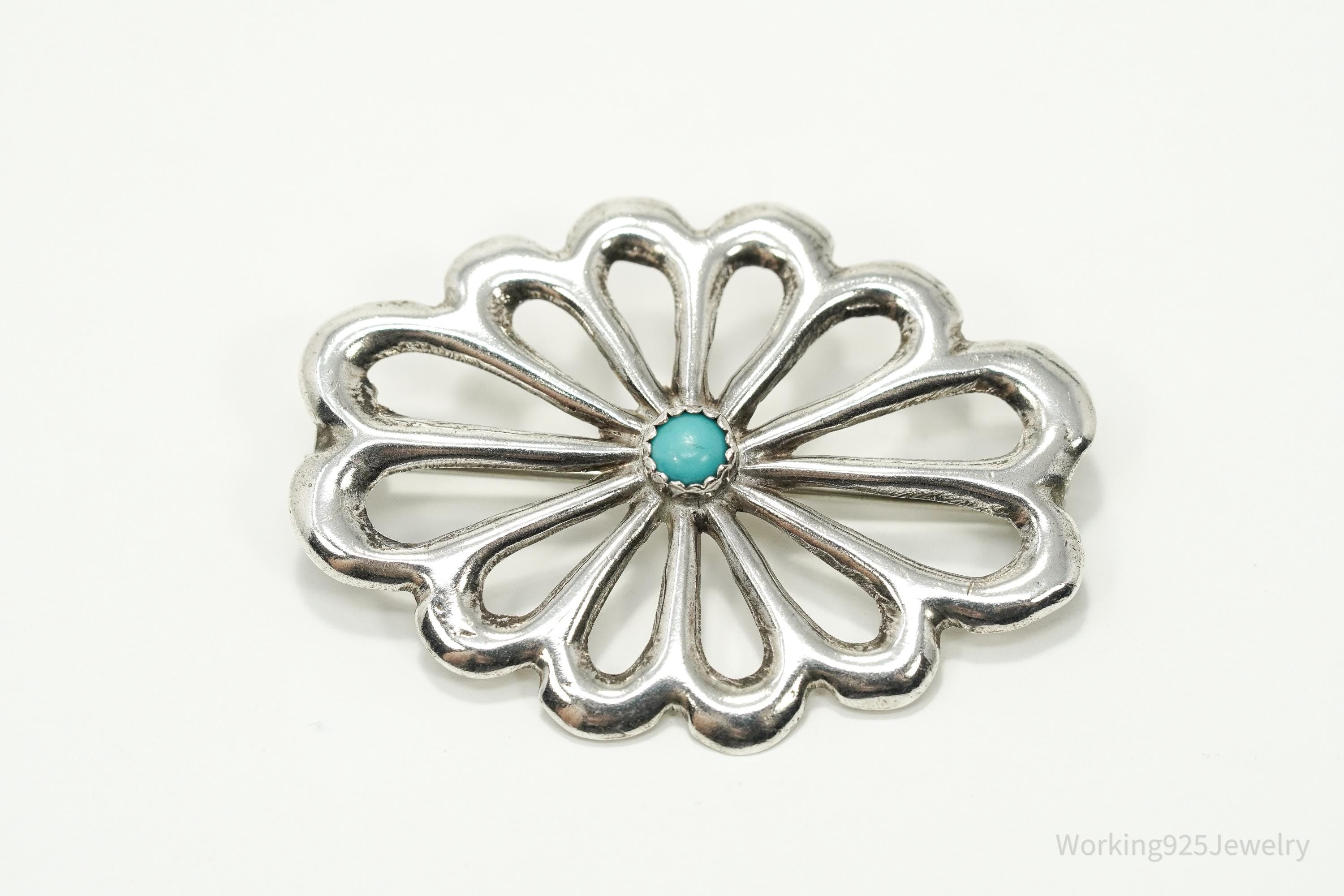 Vintage Native American Turquoise Silver Brooch Pin 1.5"