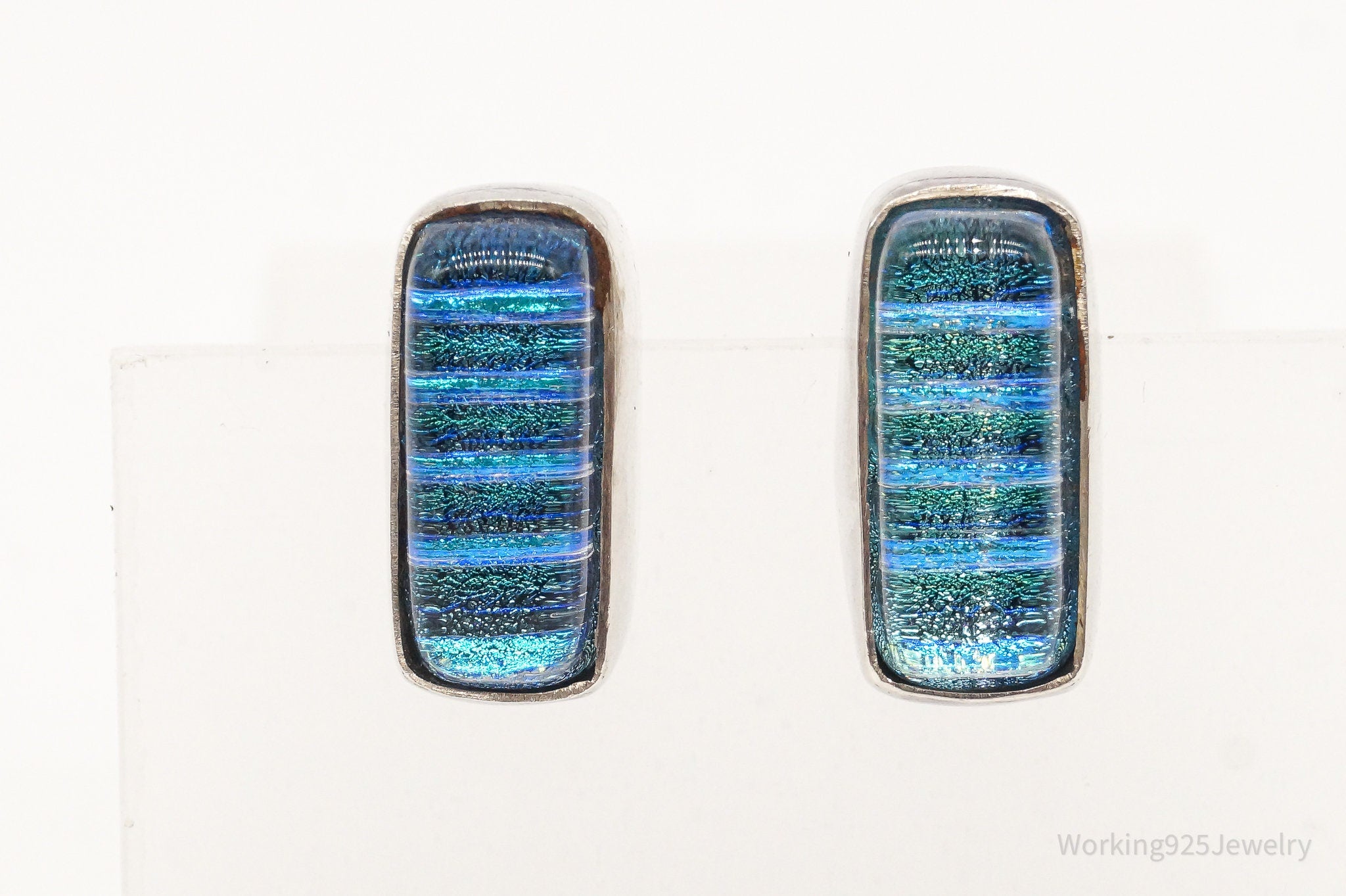 Vintage Modernist Blue Dichroic Glass Sterling Silver Earrings