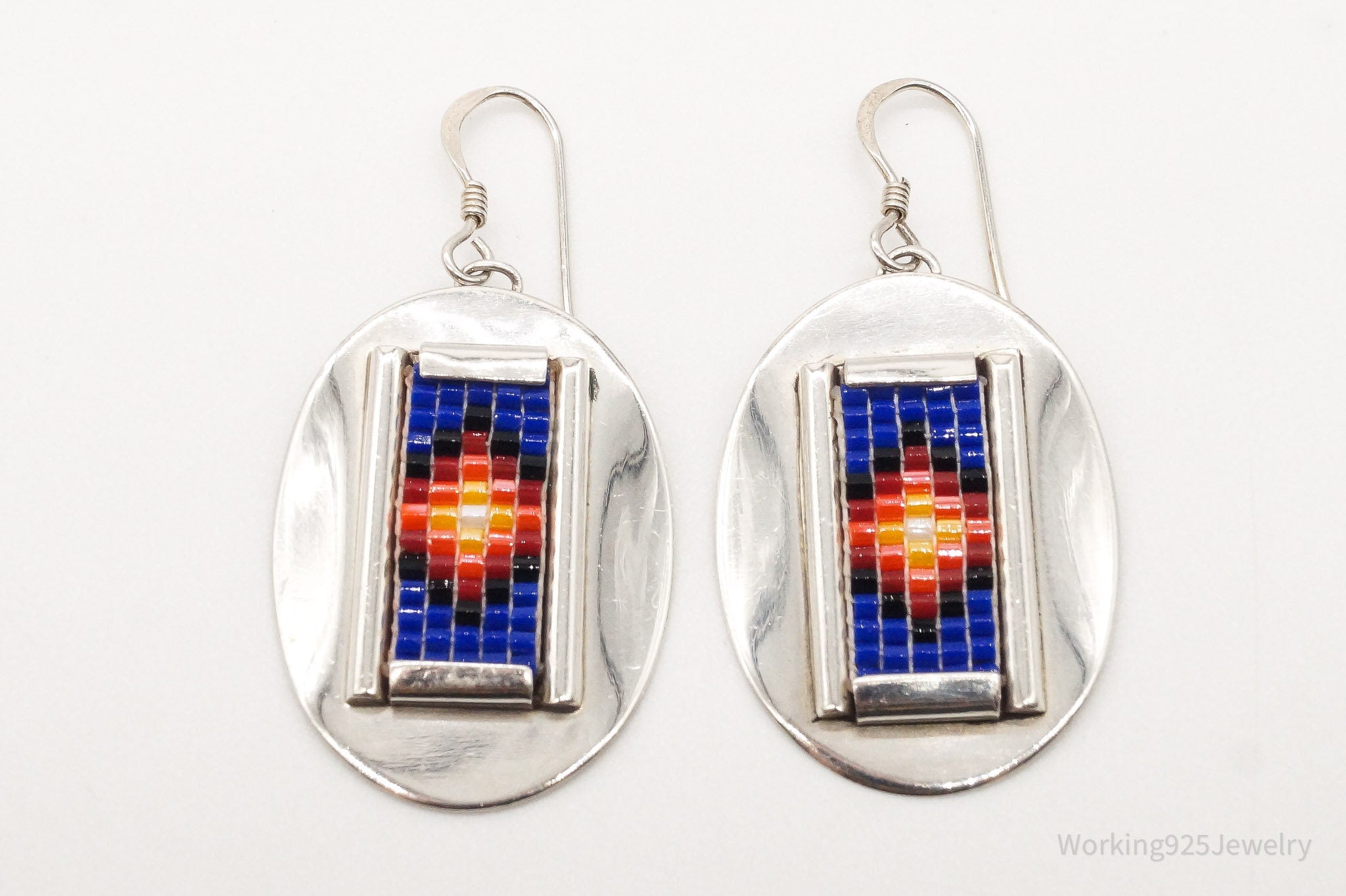 Vintage Native American Bead Inlay Sterling Silver Earrings