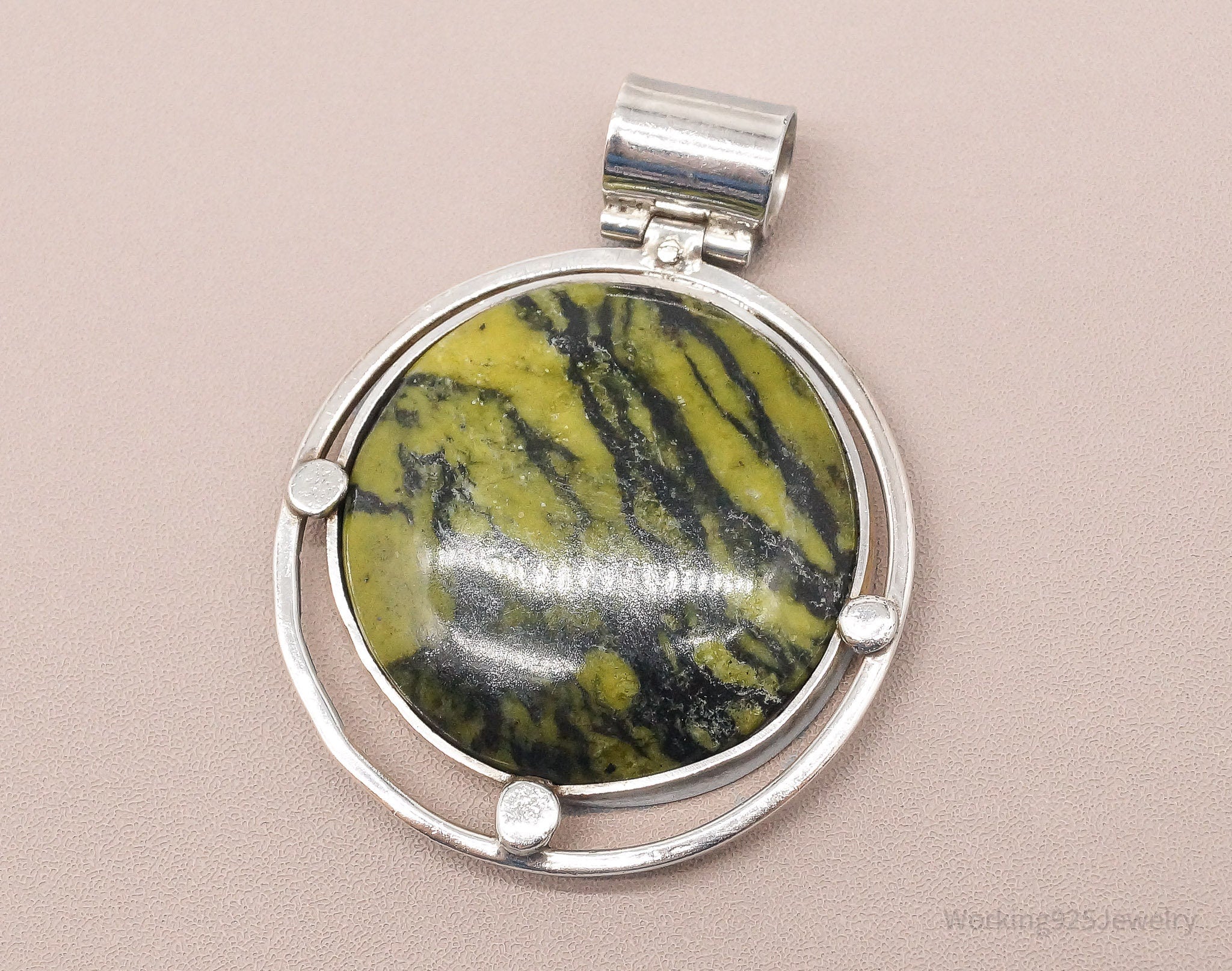 Vintage Large Turtle Jasper 950 Silver Necklace Pendant