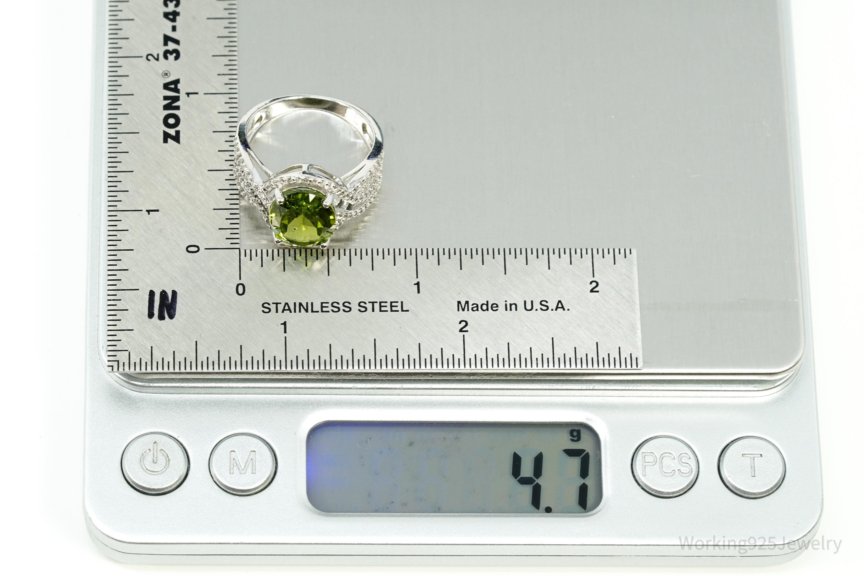 Green Peridot & White Zircon Rhodium Over Sterling Silver Ring - Size 8