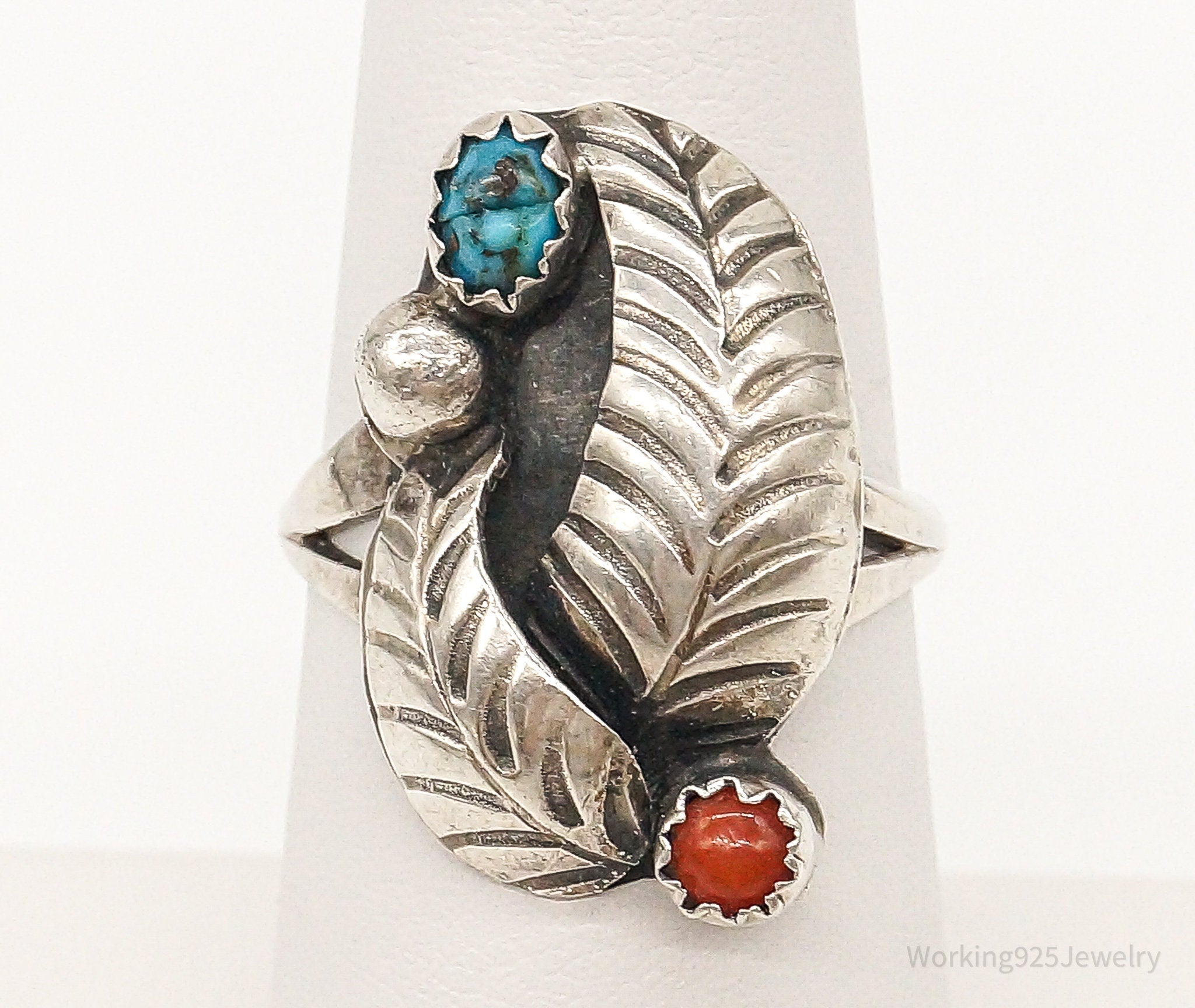 Vintage Native American Turquoise Coral Unsigned Sterling Silver Ring - SZ 6.25