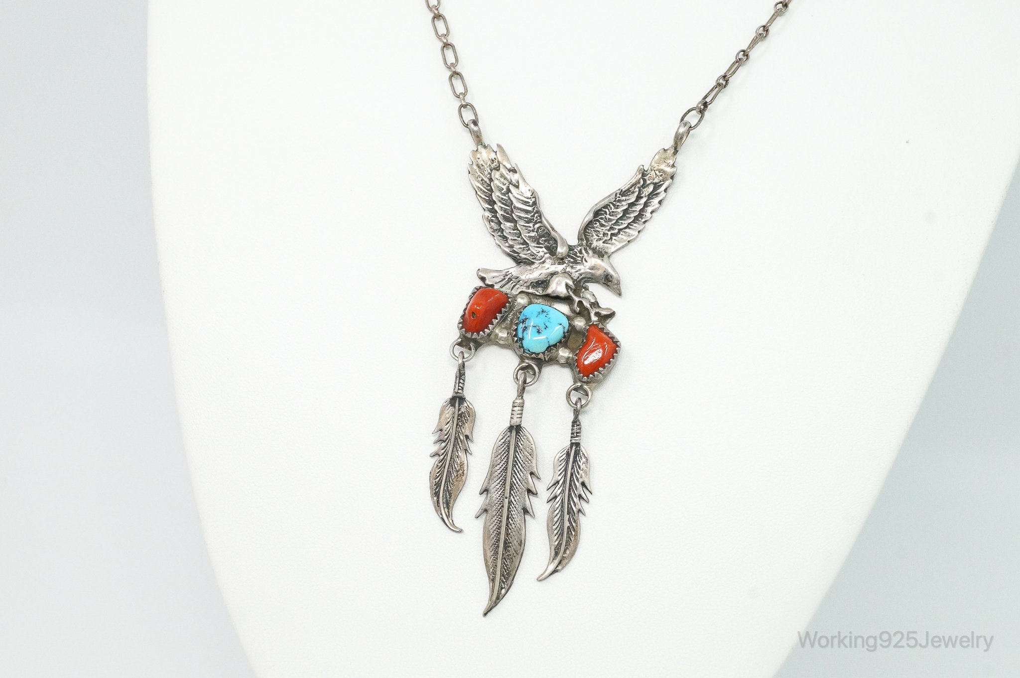 VTG Native American Richard Begay Turquoise Coral Sterling Silver Necklace