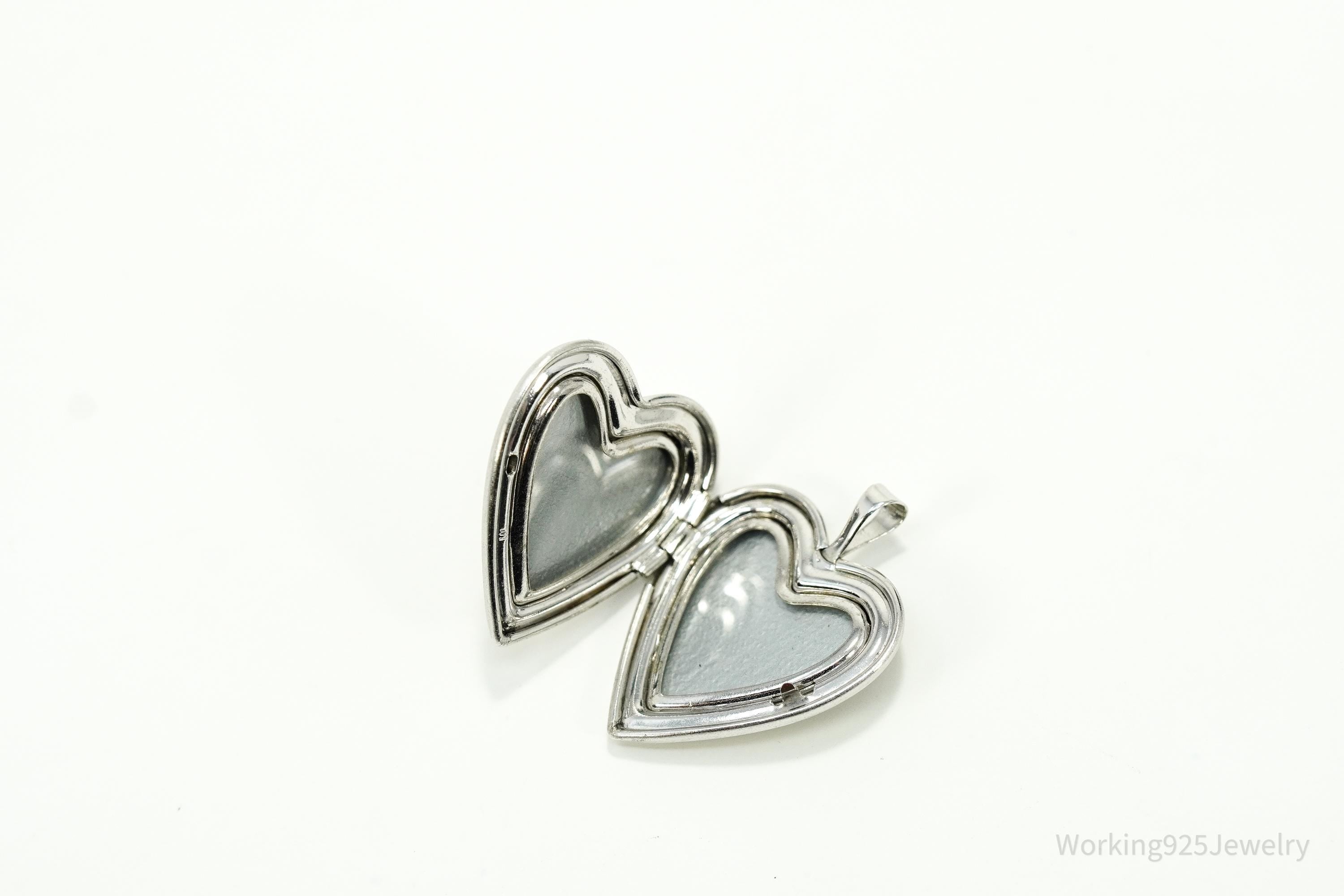 Vintage Etched Enamel Floral Heart Picture Locket Silver Pendant