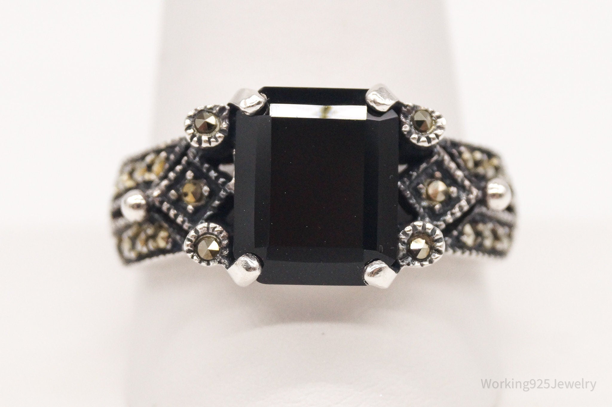 VTG Art Deco Marcasite Black Onyx Sterling Silver Statement Ring - SZ 11