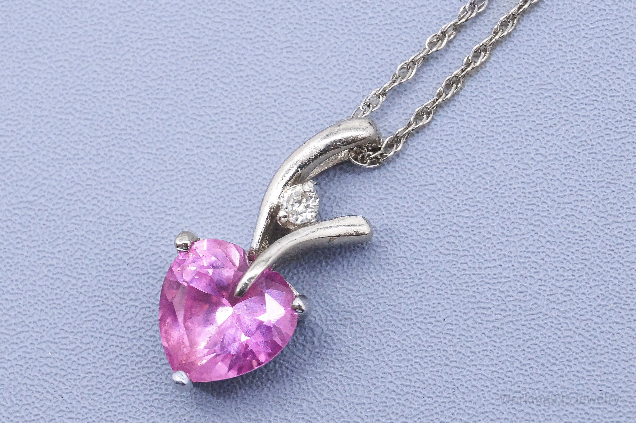 Vintage Pink Sapphire Heart & Cubic Zirconia Sterling Silver Necklace 18"