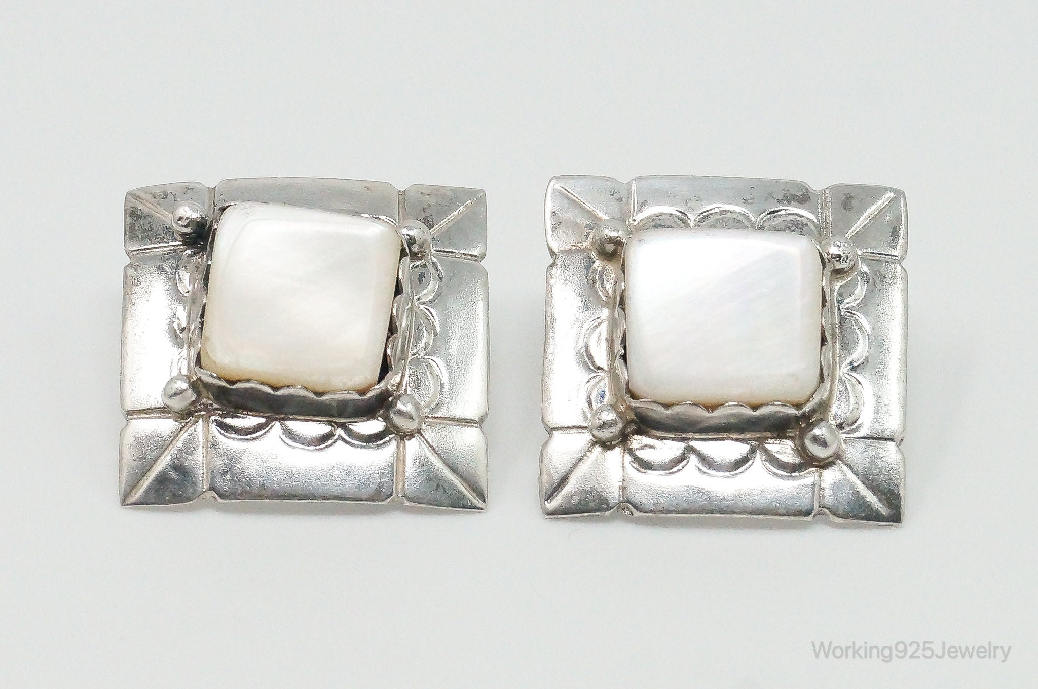 Vintage Native American VV Mother Of Pearl Sterling Silver Earrings