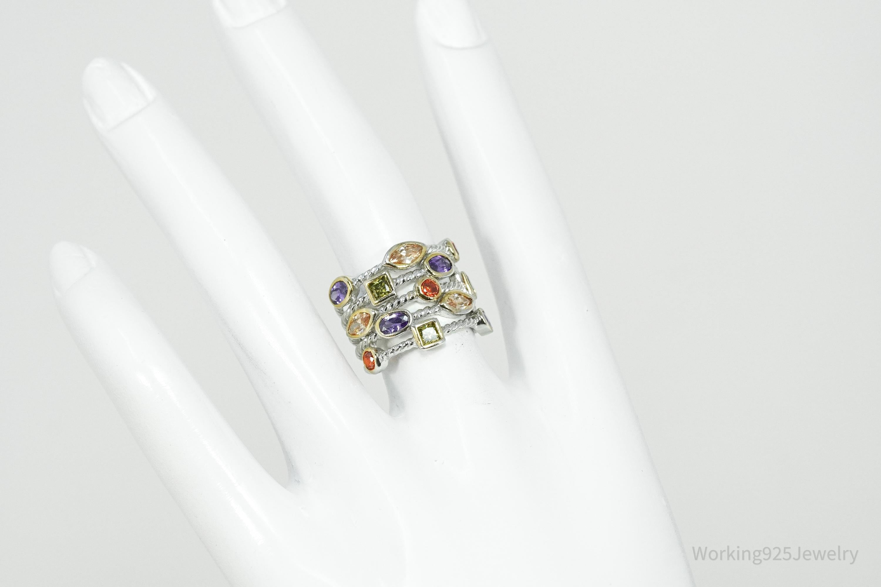 Multi Gemstone Gold Vermeil & Sterling Silver Cable Band Confetti Ring - Size 6.25