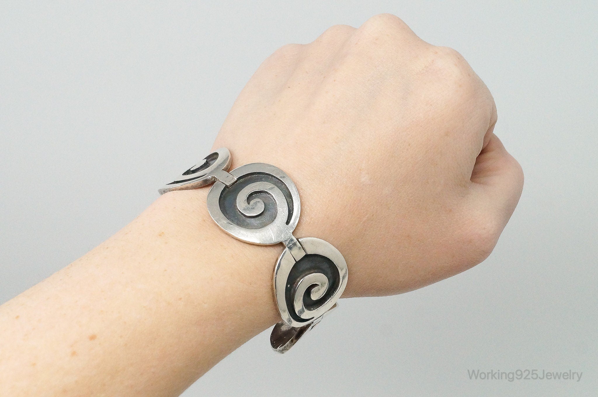 Vintage Taxco Modernist Designer Spiral Sterling Silver Panel Bracelet