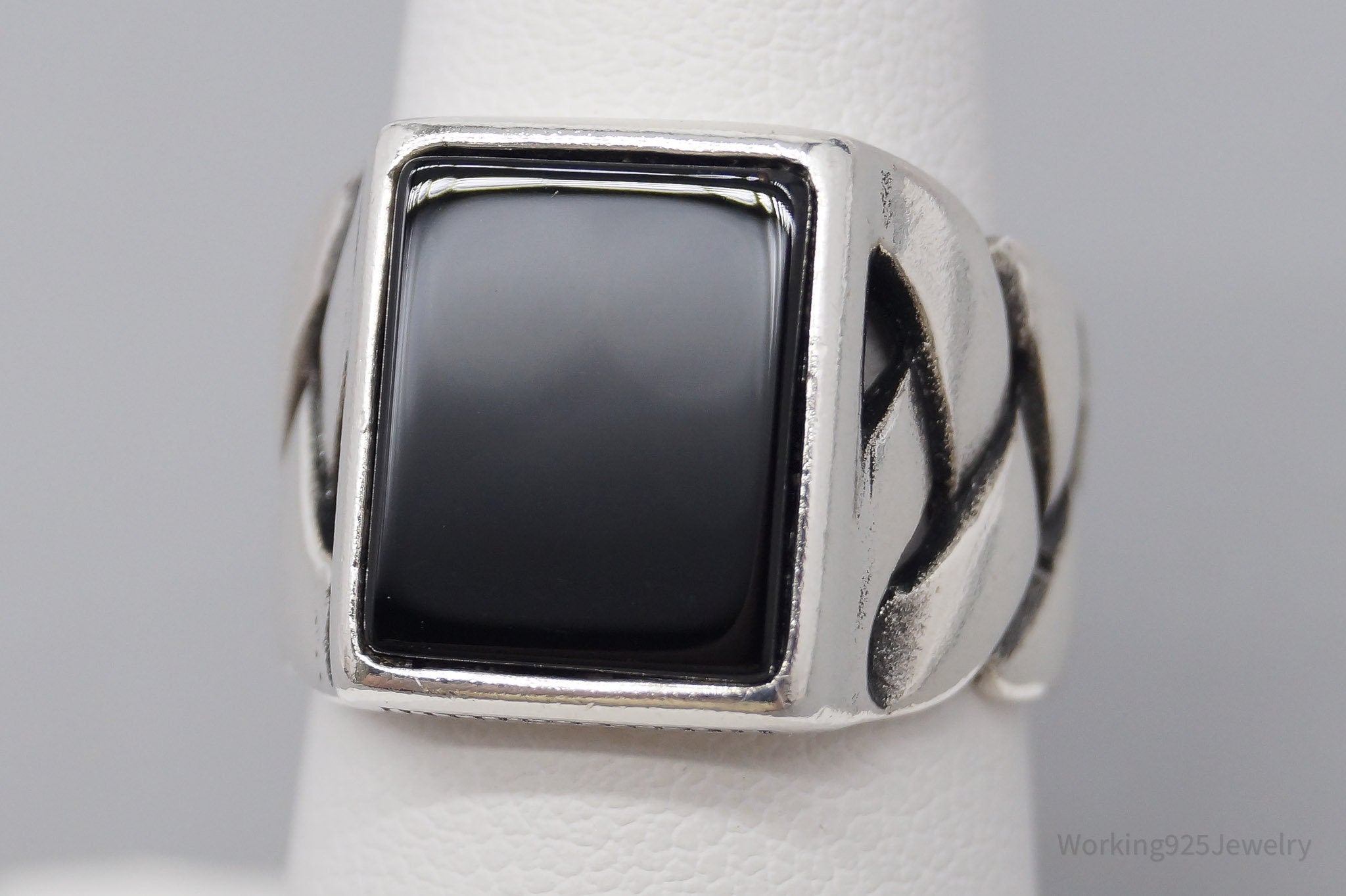 Vintage Black Onyx Weave Braid Style Sterling Silver Ring - Size 7