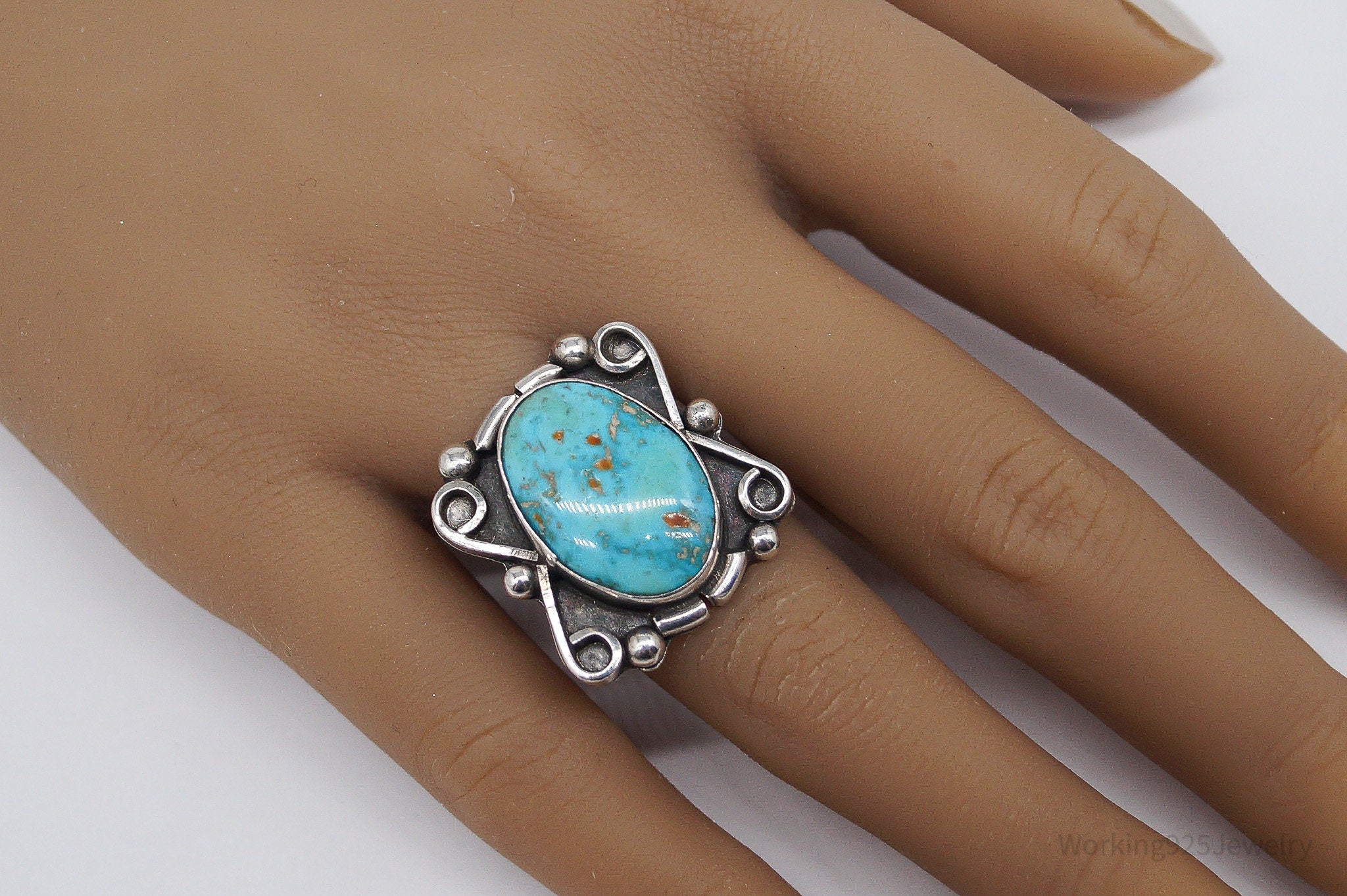 Vintage Handmade Native American Turquoise Unsigned Silver Ring - Size 6.75