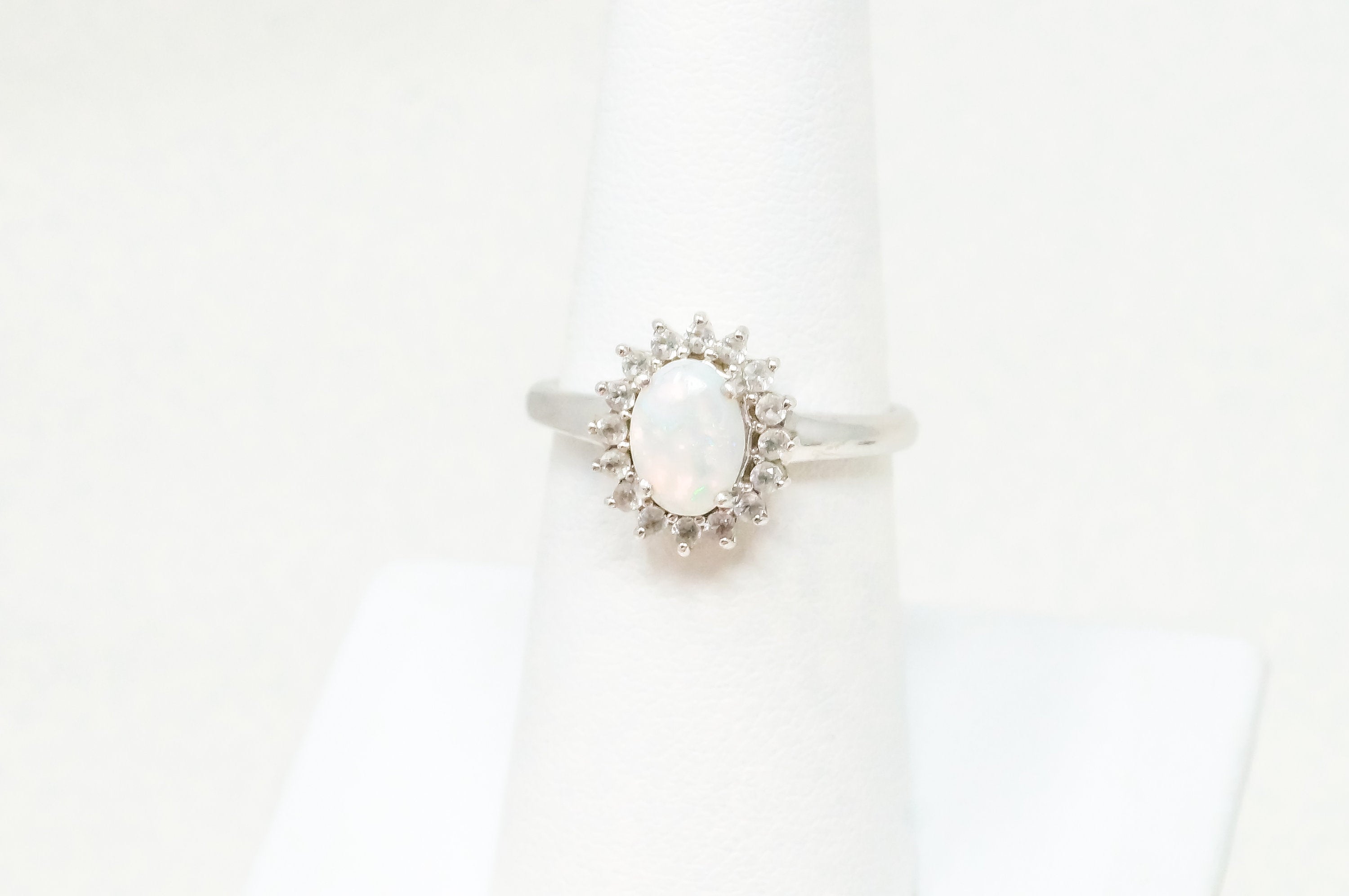 Vintage White Opal Cubic Zirconia Sterling Silver Ring - Sz 6.75