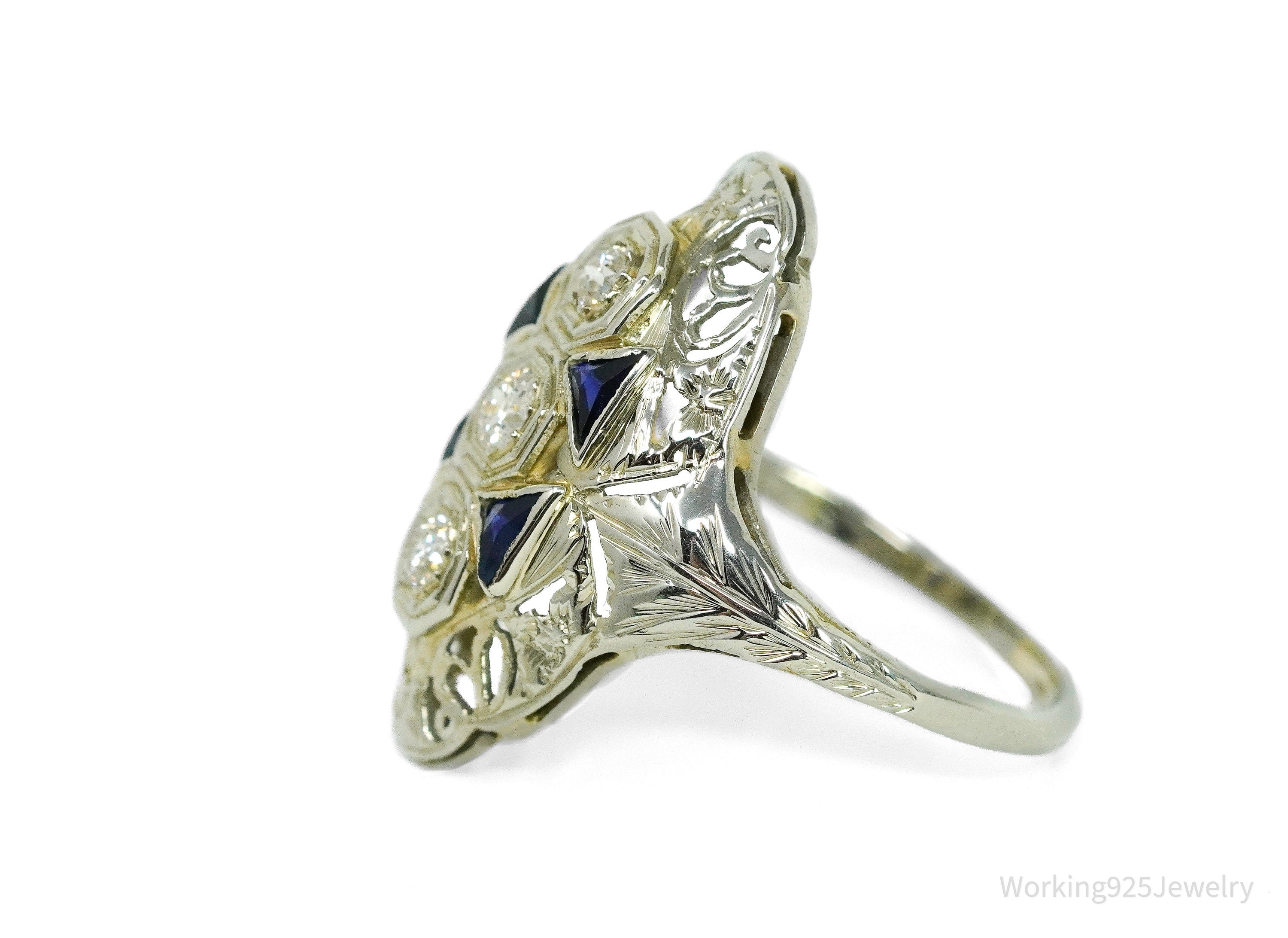 Circa Art Deco Era 18K White Gold, Diamonds And Sapphire Ring - Size 7.5