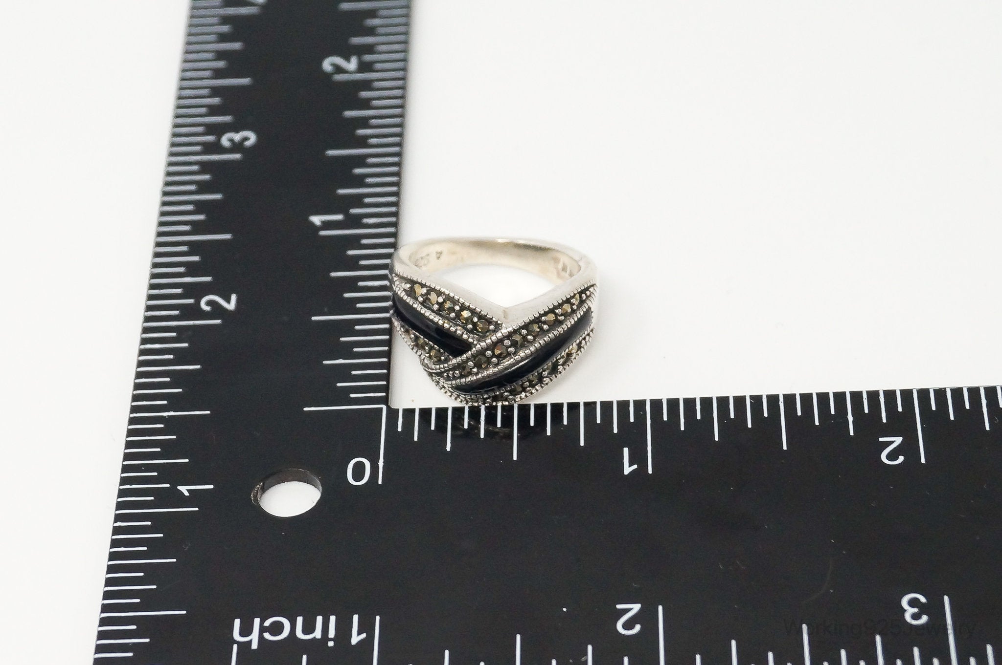 VTG Art Deco Marcasite Black Onyx Sterling Silver Ring - SZ 6