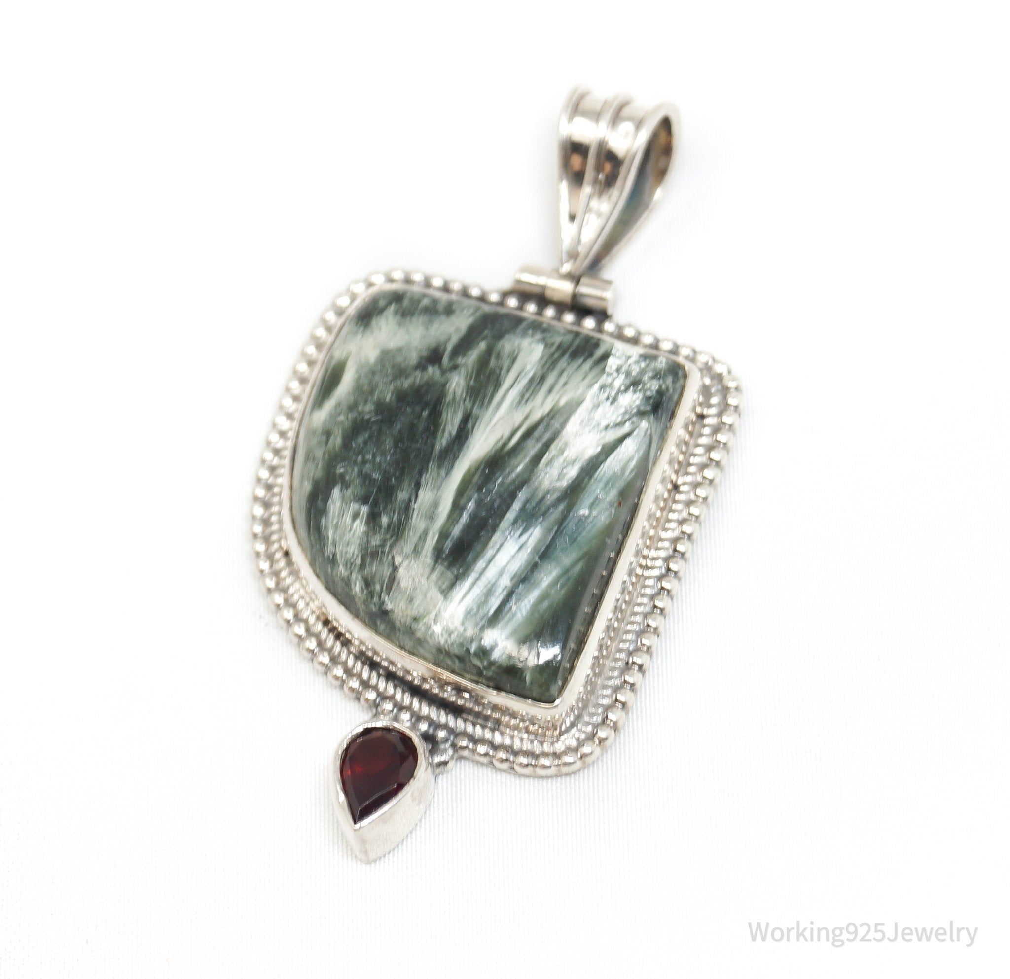 Vintage Large Green Seraphinite Garnet Sterling Silver Necklace Pendant