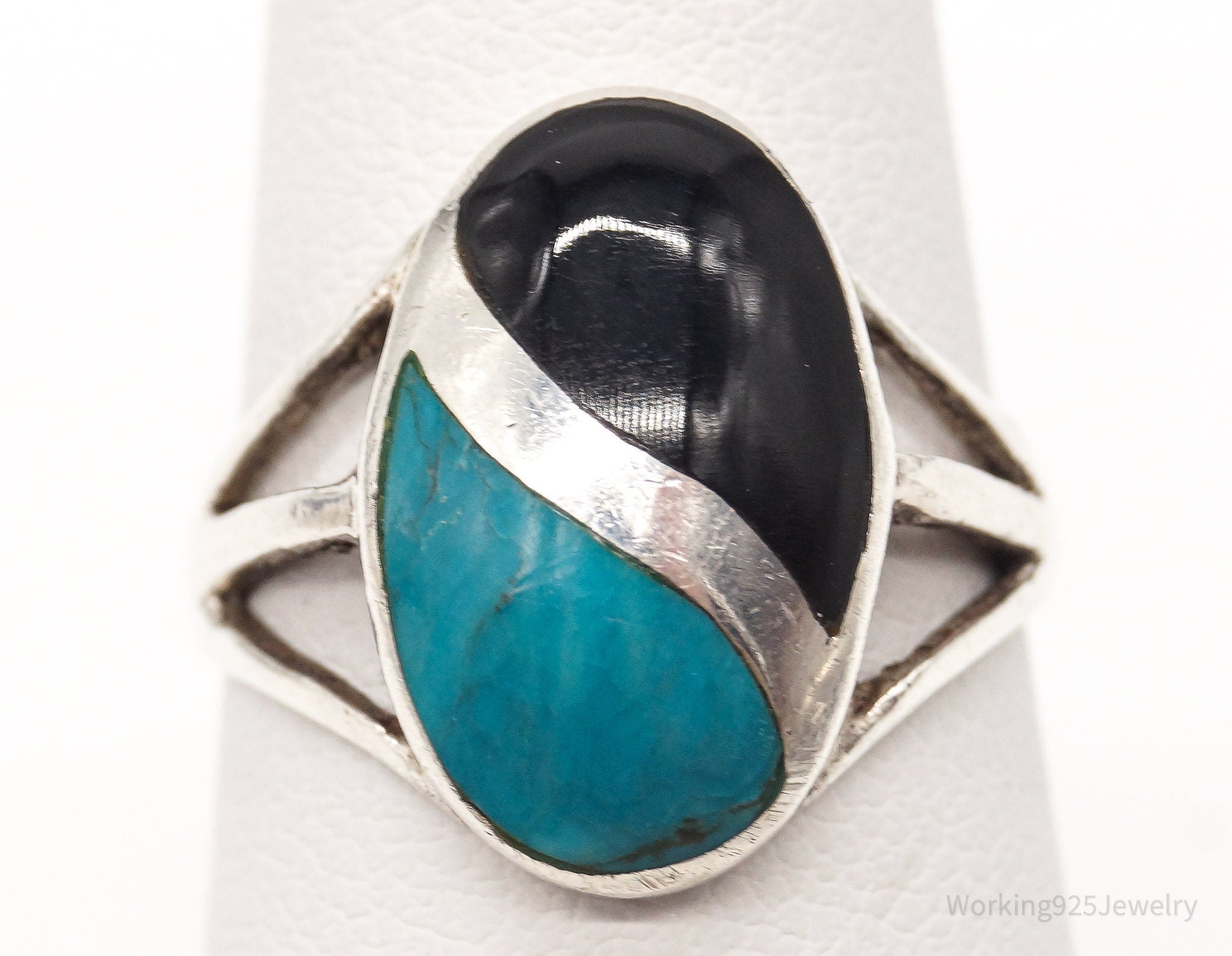 Vintage Turquoise Black Onyx Inlay Sterling Silver Ring - Size 6.75