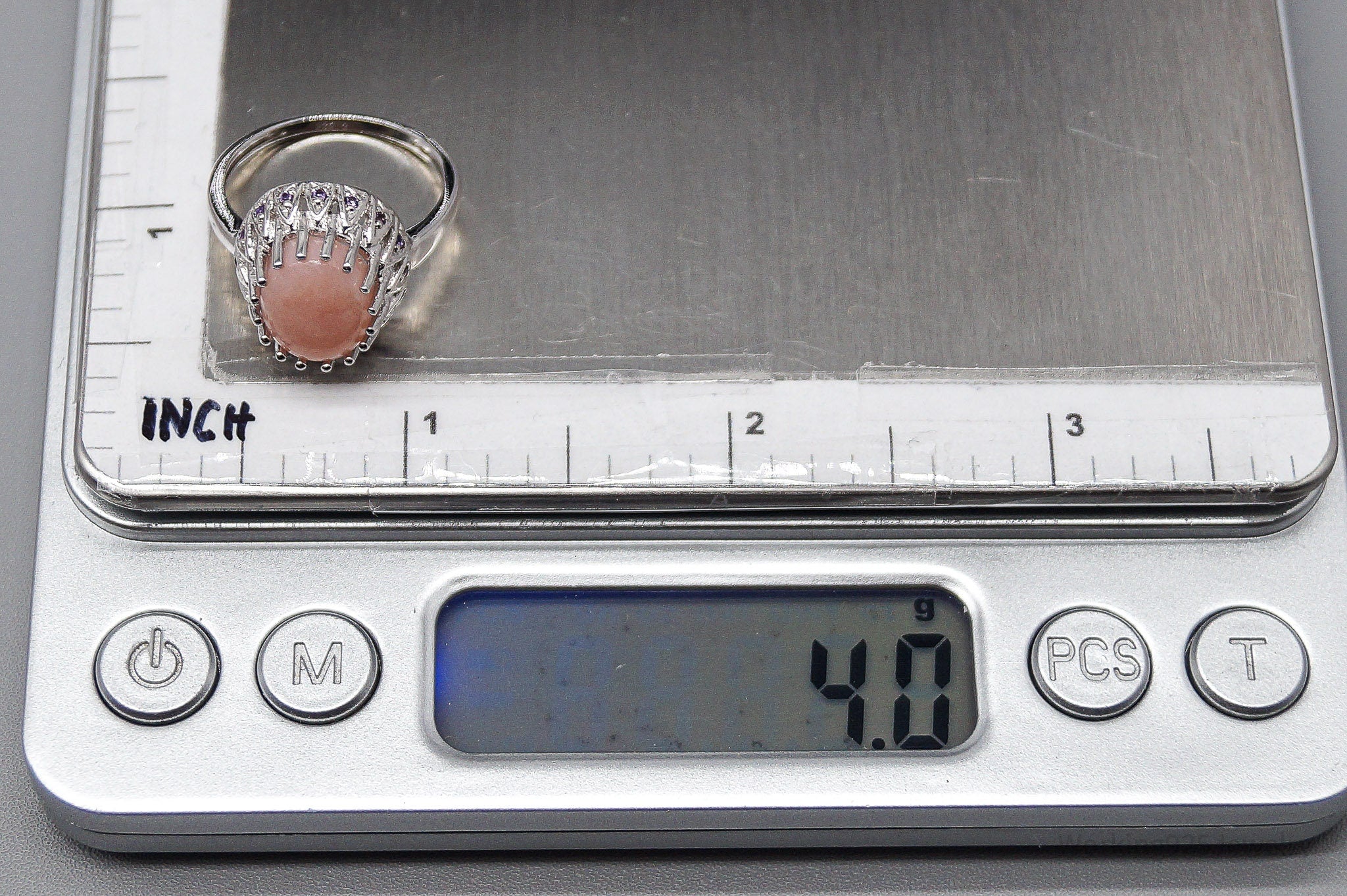 Vintage Pink Opal & Amethyst Sterling Silver Ring - Size 7