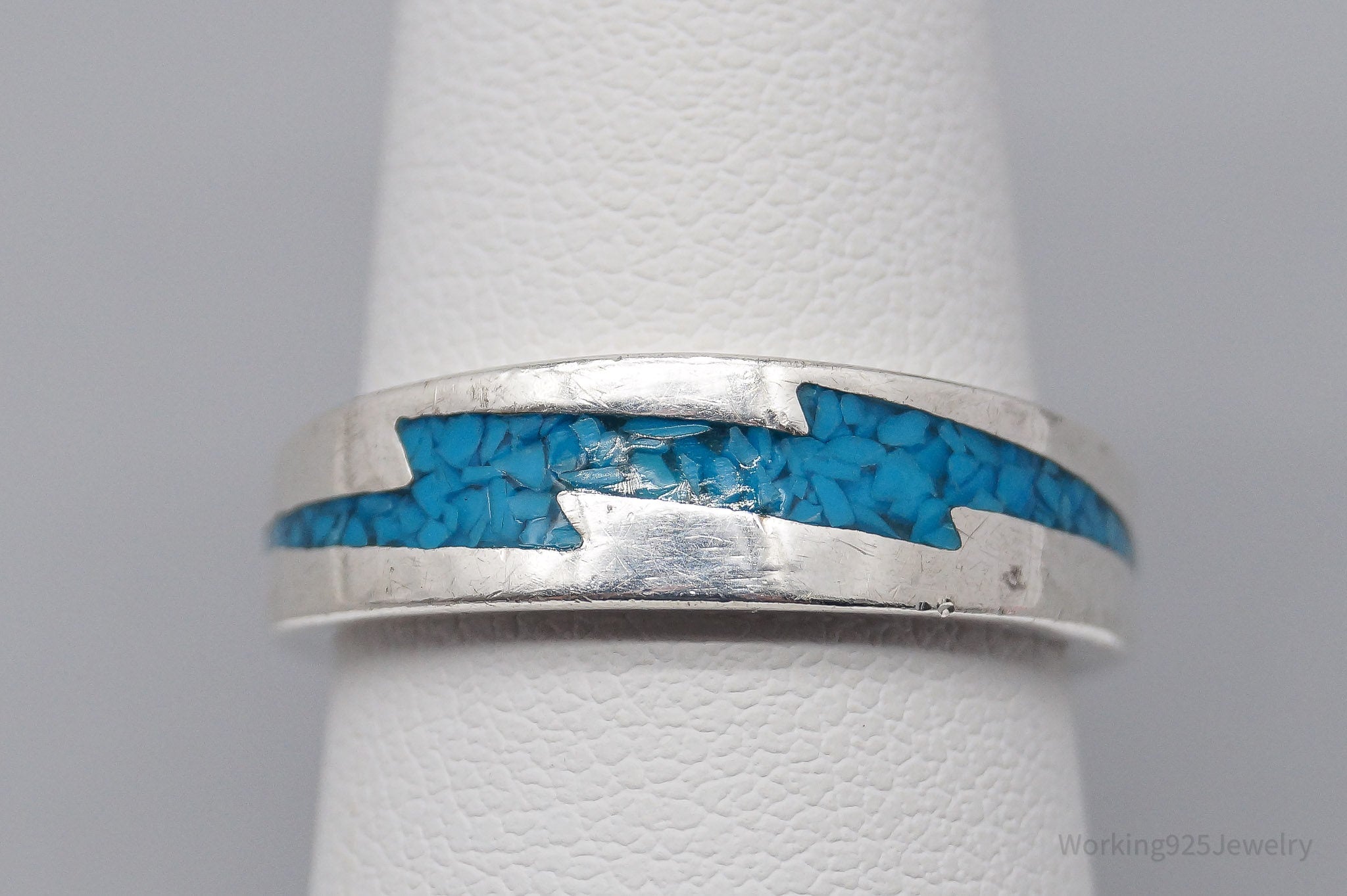 Vintage Native American Turquoise Inlay Sterling Silver Band Ring - Size 7.75