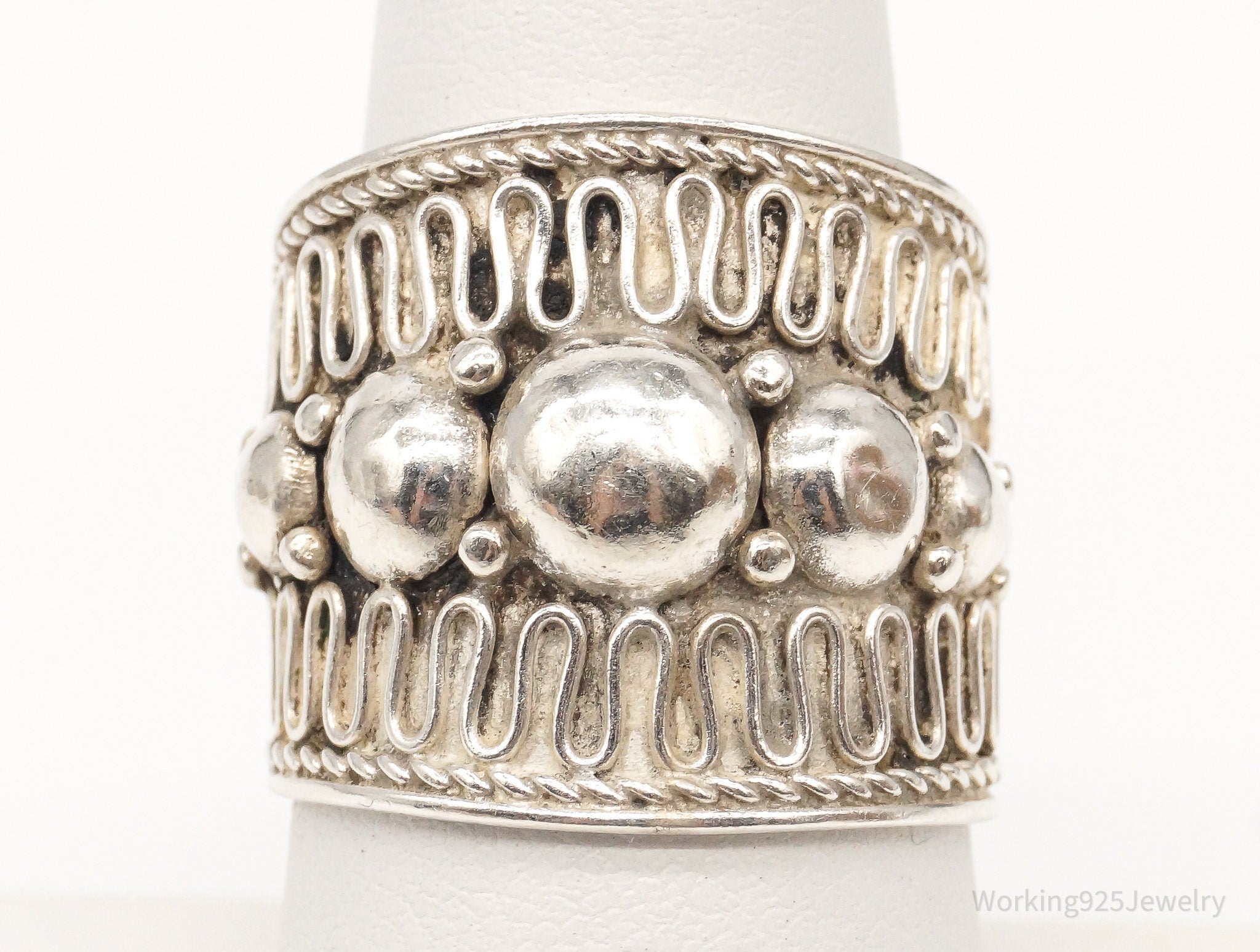 Vintage Ornate Filigree Sterling Silver Band Ring - Size 8 Adjustable