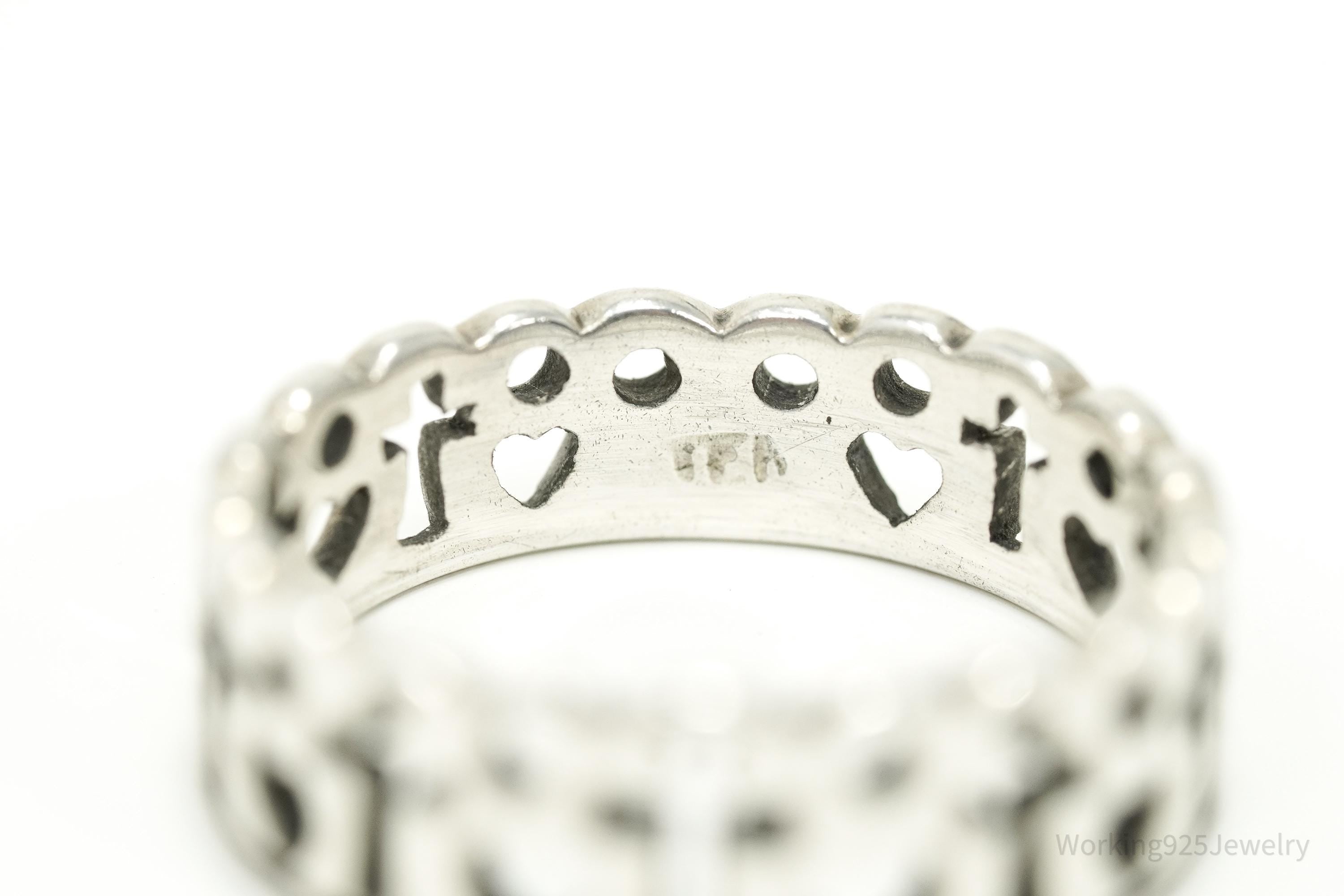 Vintage Hearts & Crosses Silver Ring - Size 7.5