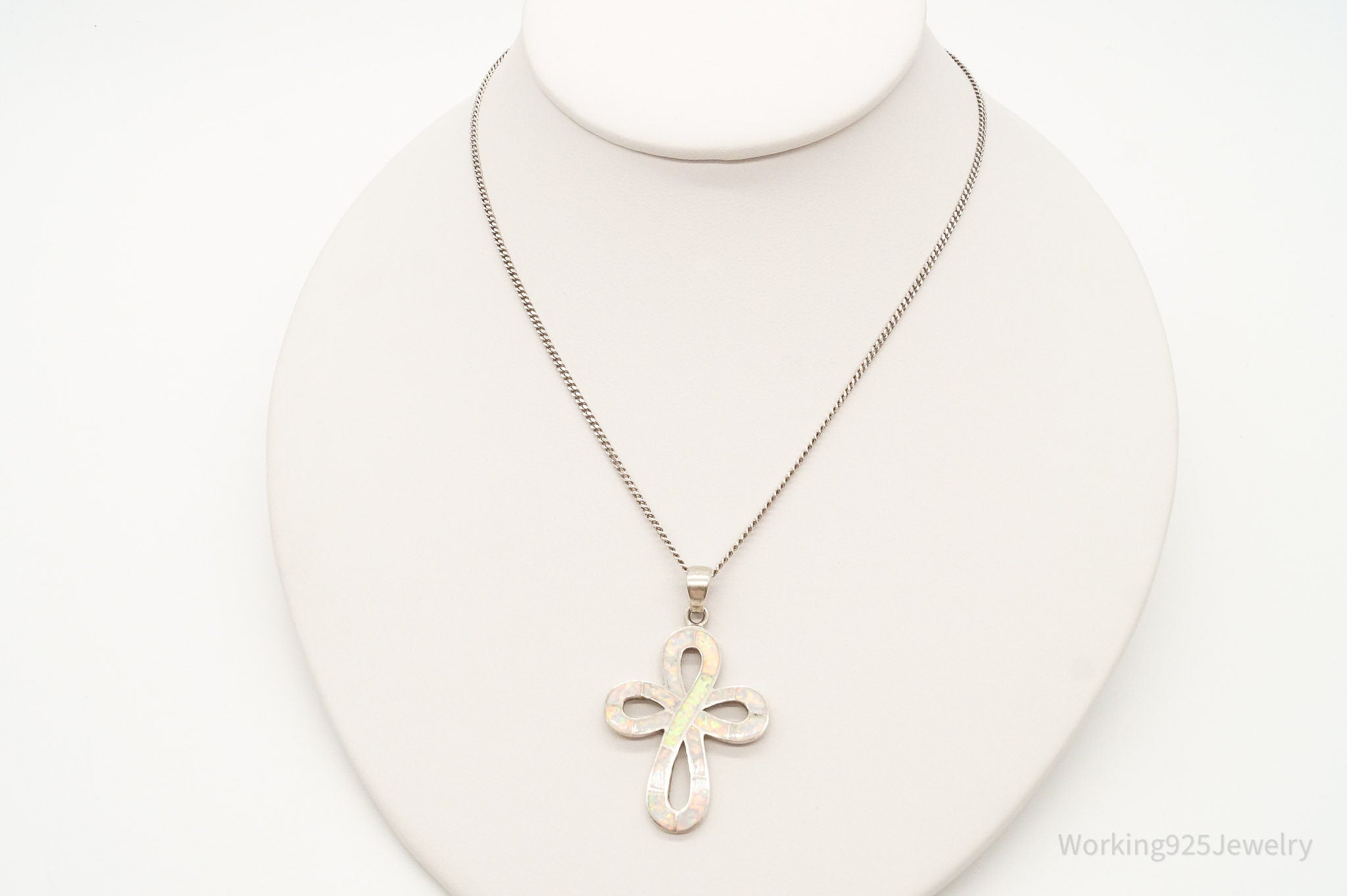 Vintage Opal Inlay Sterling Silver Cross Necklace