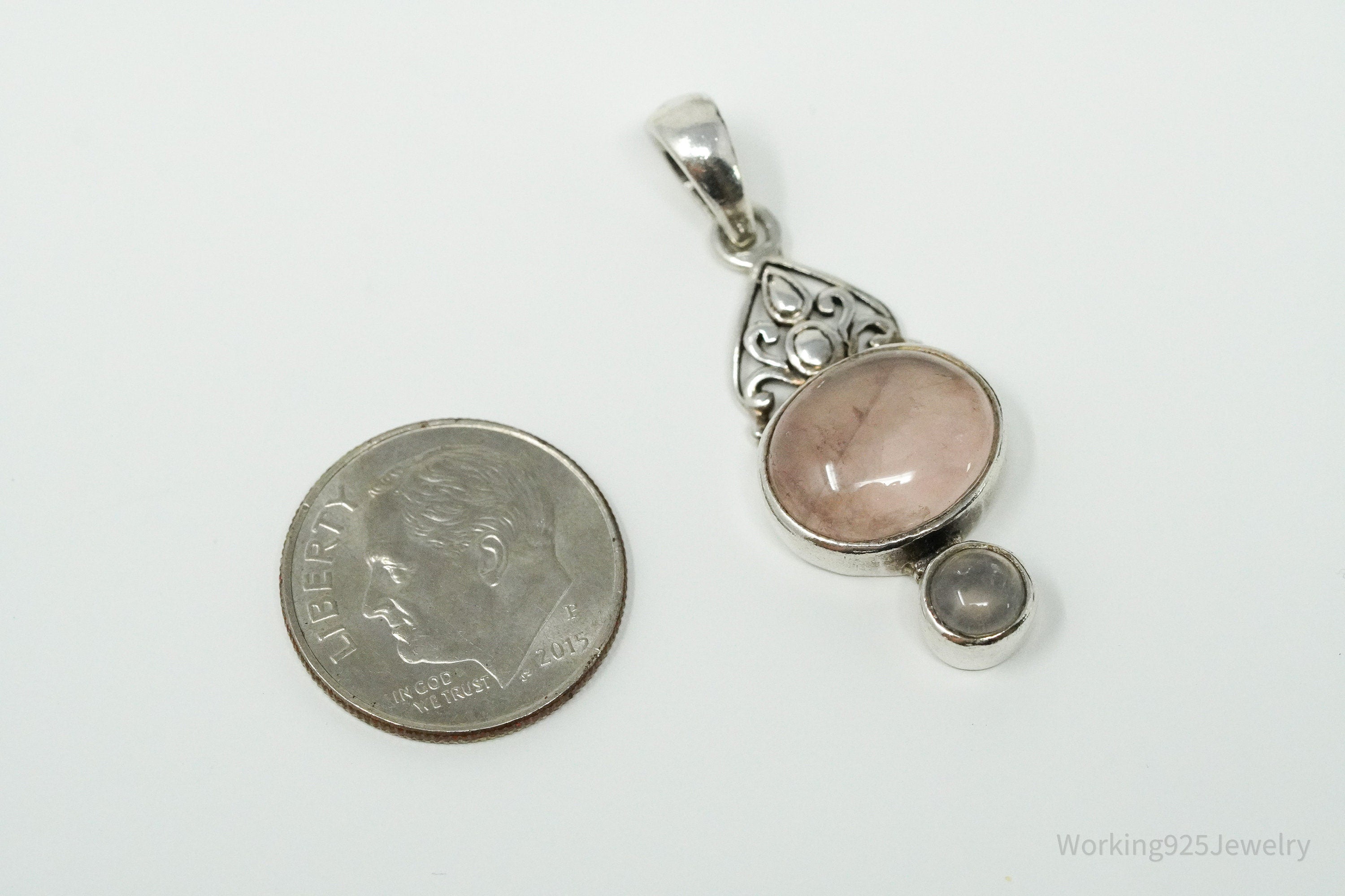 Vintage Rose Quartz & Crystal Quartz Sterling Silver Pendant