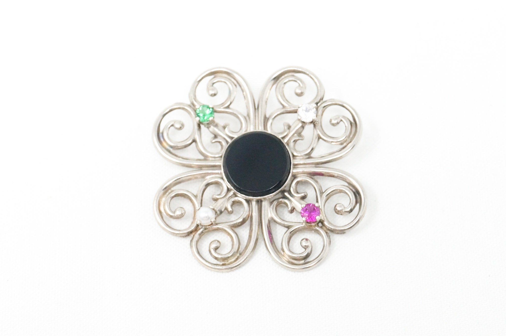 Vintage Designer Beau Black Onyx Atomic Modernist Sterling Silver Brooch Pin