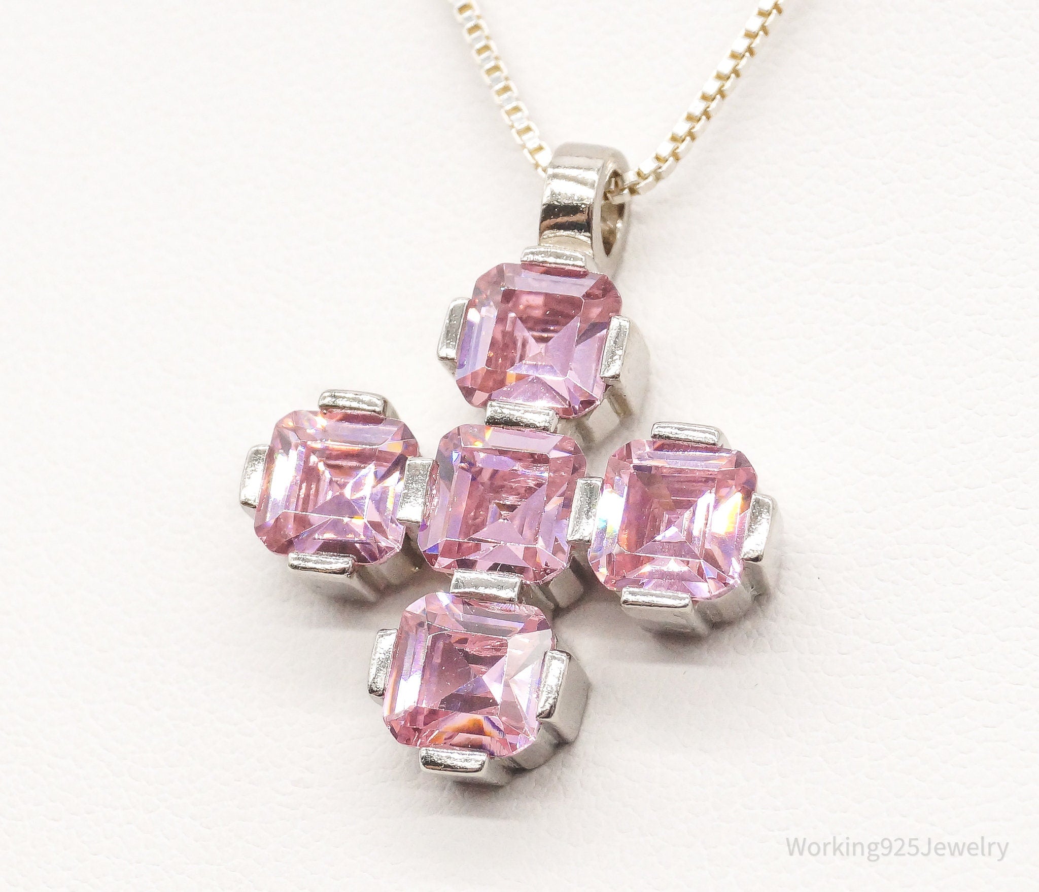 Vintage Pink Cubic Zirconia Cross Sterling Silver Adjustable Chain Necklace