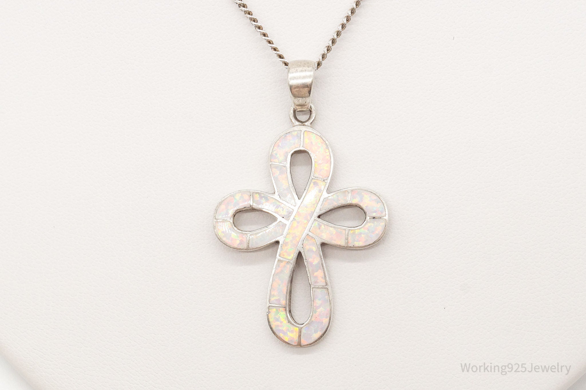 Vintage Opal Inlay Sterling Silver Cross Necklace