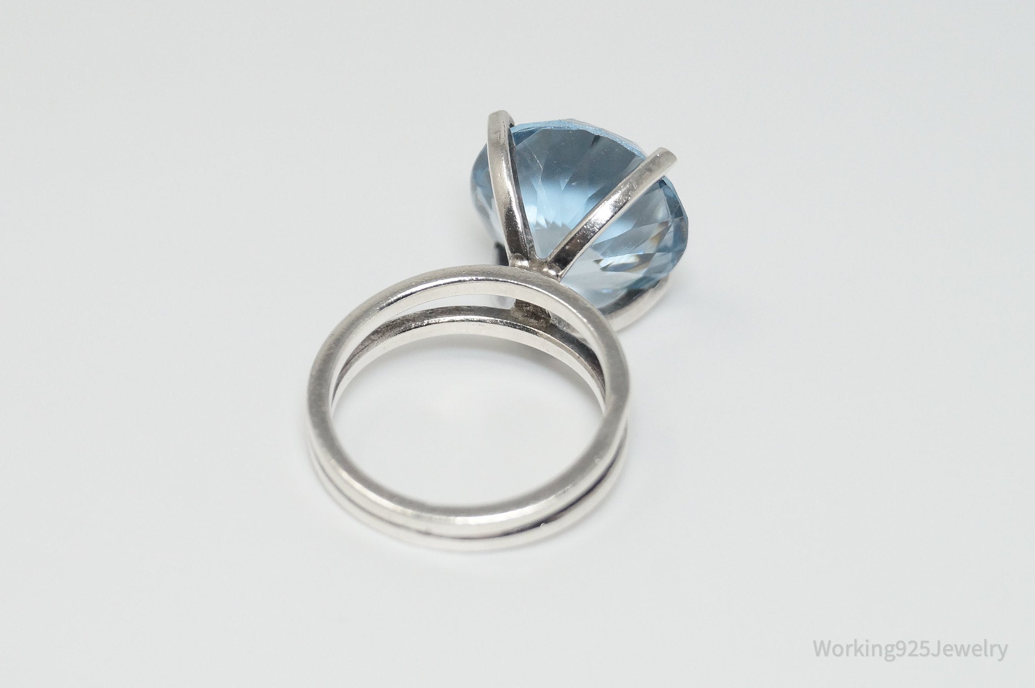 Vintage Large Steel Blue Cubic Zirconia Sterling Silver Cocktail Ring - Sz 7